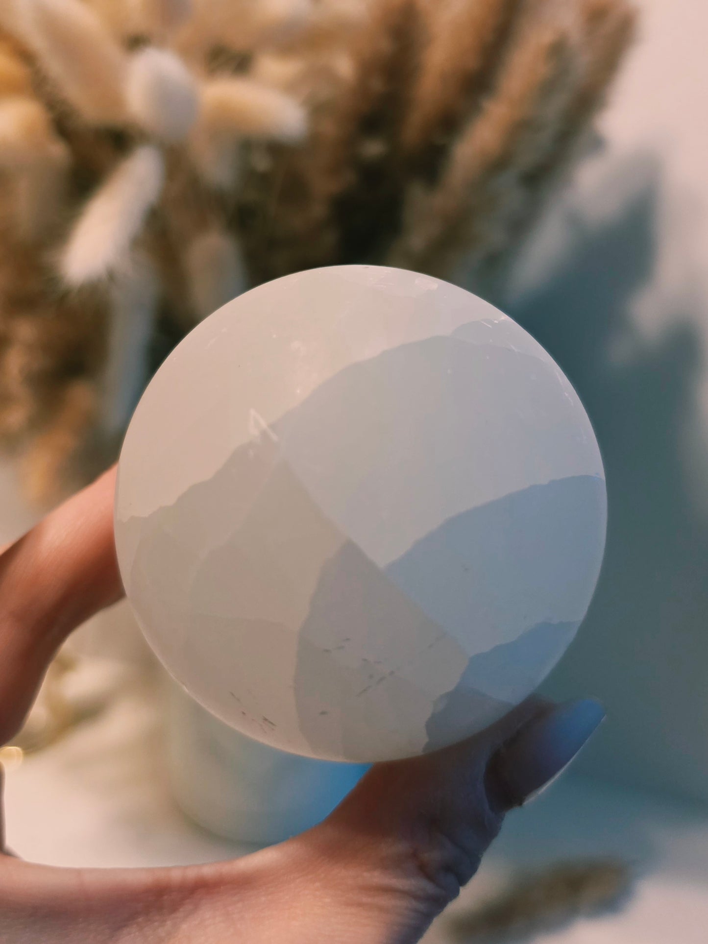 Morocco Selenite Crystal Sphere Wood Stand Medium Size