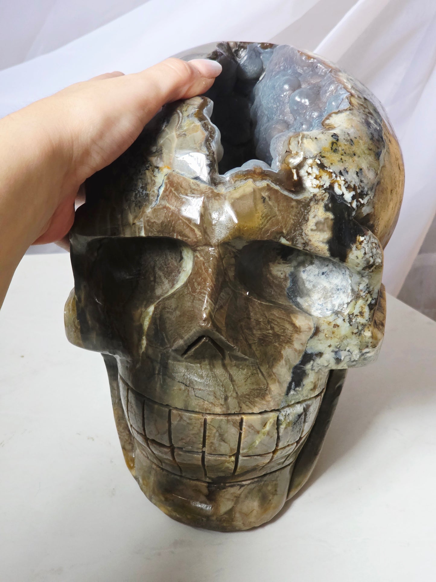 22 Pounds Skull Volcano Agate with Botryoidal UV Geode Hand Carved Mayan Statement Piece
