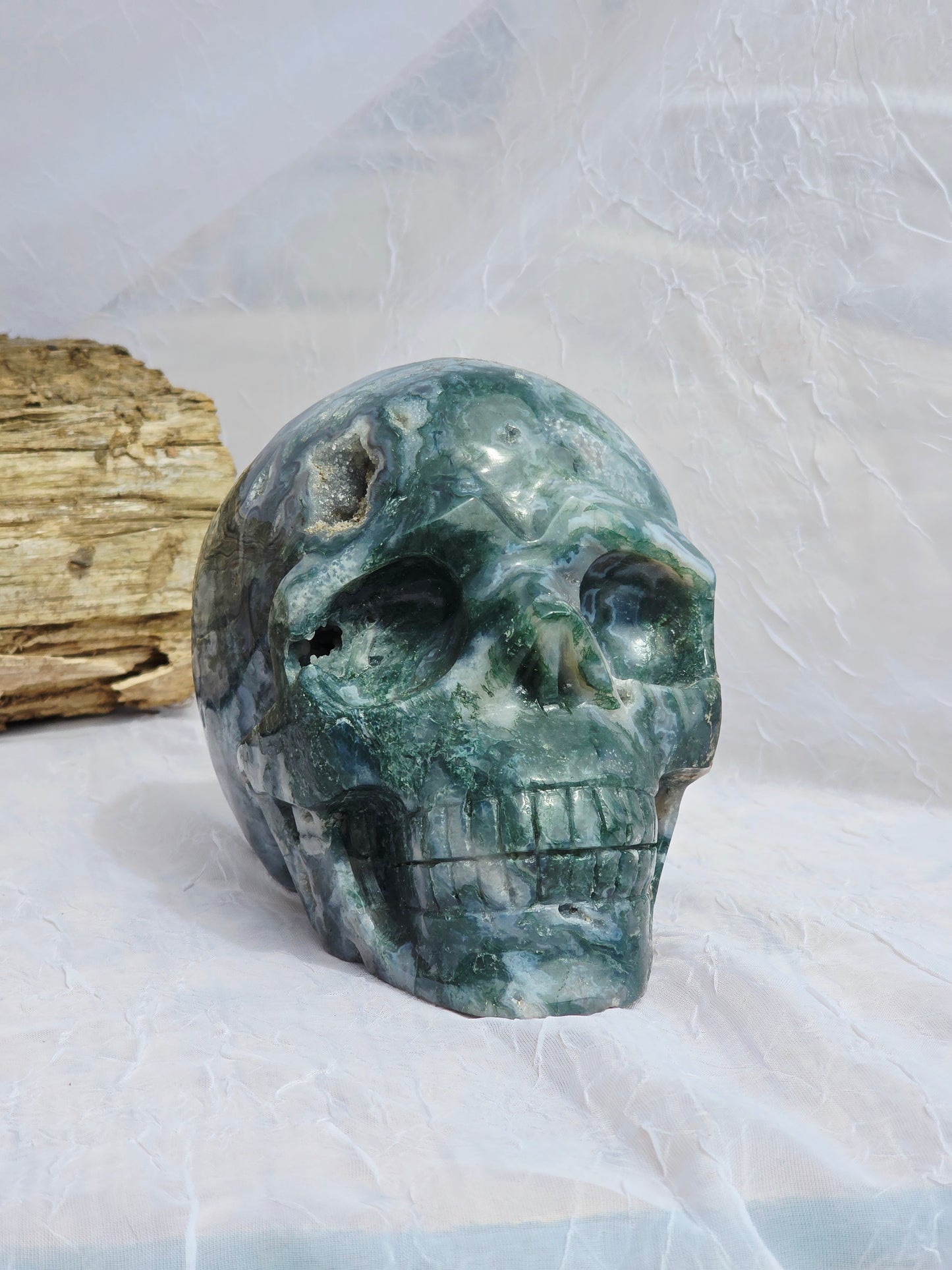 Hand-Carved Natural Green Moss Agate Crystal Skull 5.40 lbs