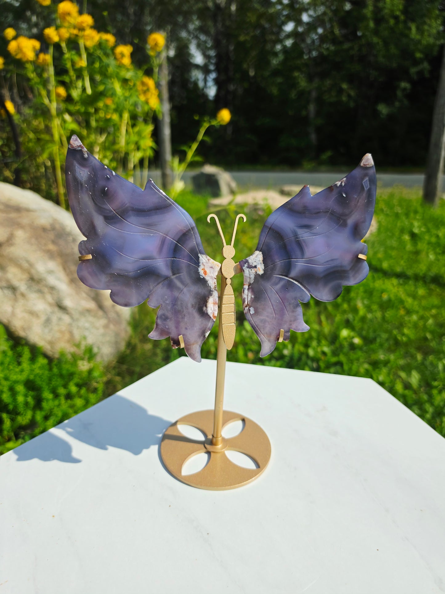 1.14lbs Blue Flower Agate Butterfly Wings on Stand 25.5x20.3cm