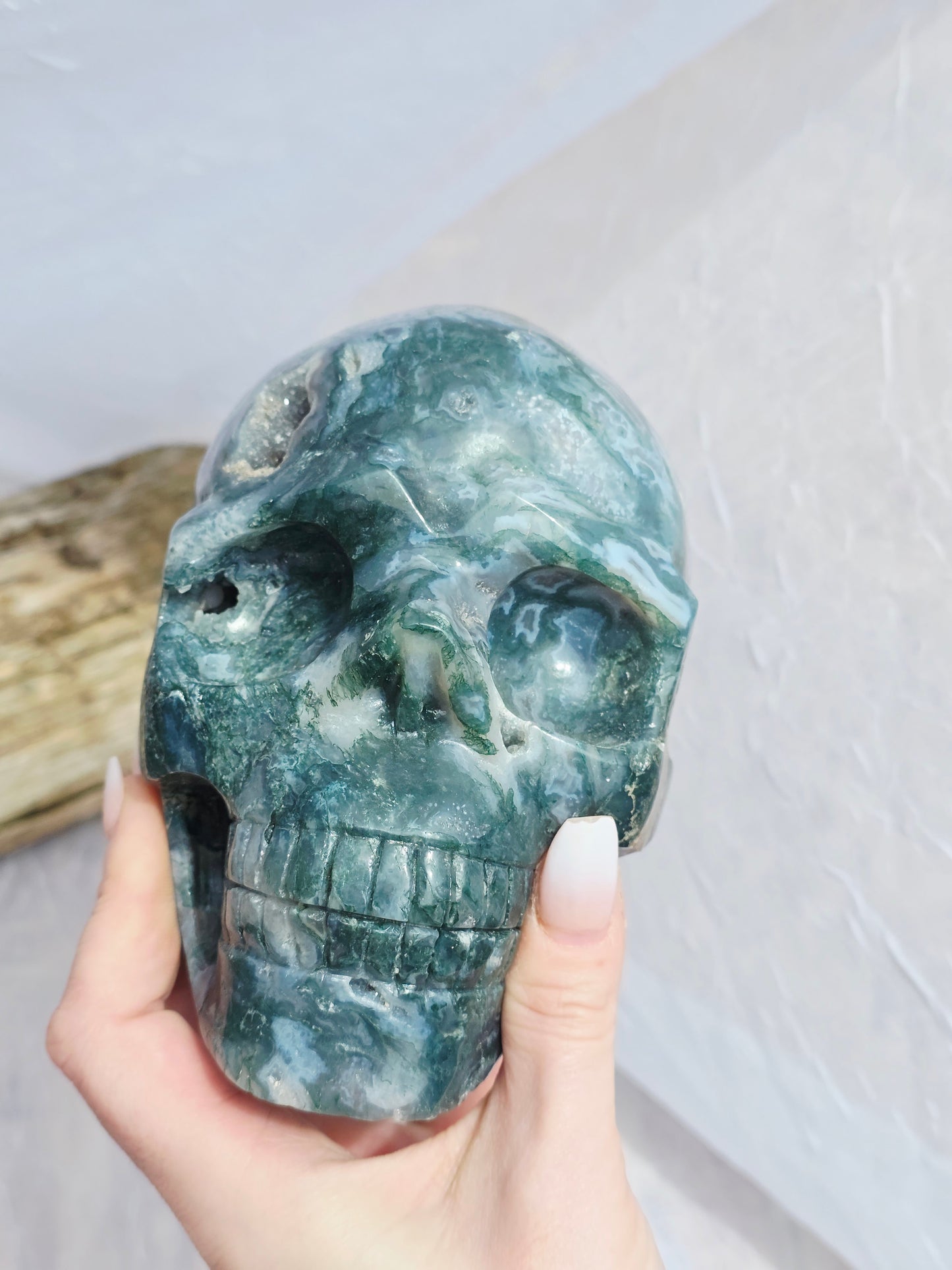 Hand-Carved Natural Green Moss Agate Crystal Skull 5.40 lbs