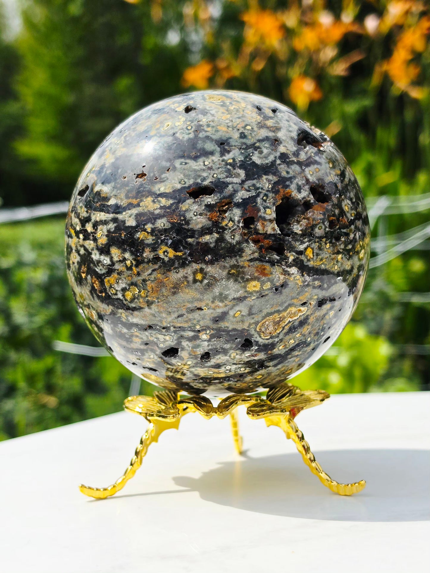 1.77kg Moss Agate Sphere with Butterfly Gold Stand Madagascar Druzy Crystal