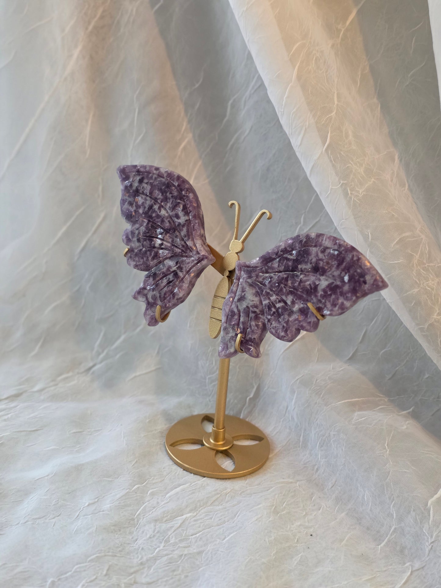 Purple Mica Butterfly Crystal Wing Carving on Stand