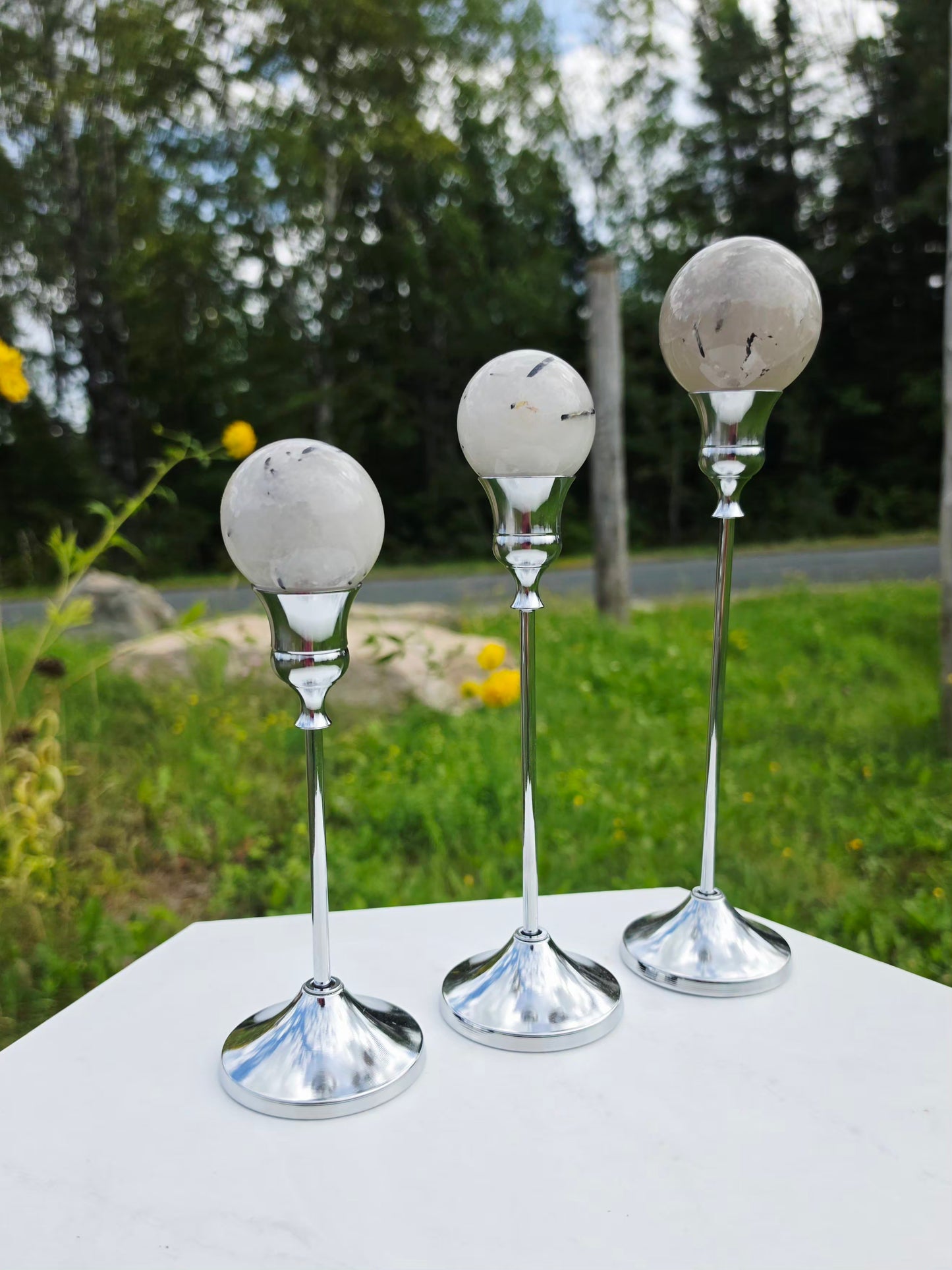 1.46 lbs Clear Quartz with Black Tourmaline Rutile 3 Spheres on Silver Stand