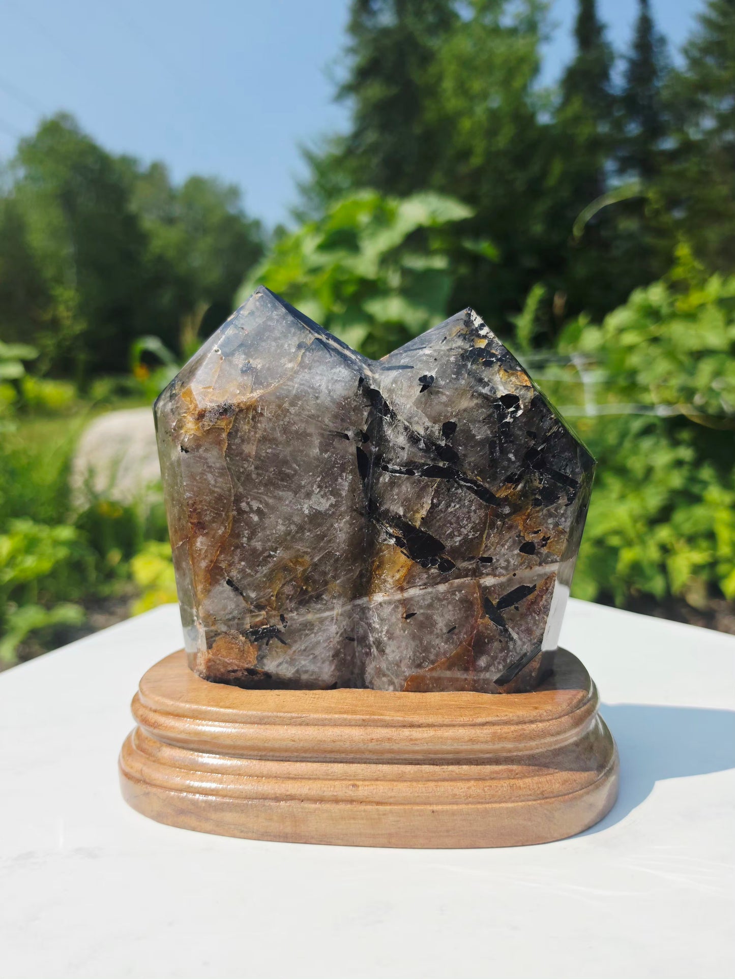 Smokey Double Points Crystal Quartz 4.41lb With Black Rutile Tourmaline On Stand