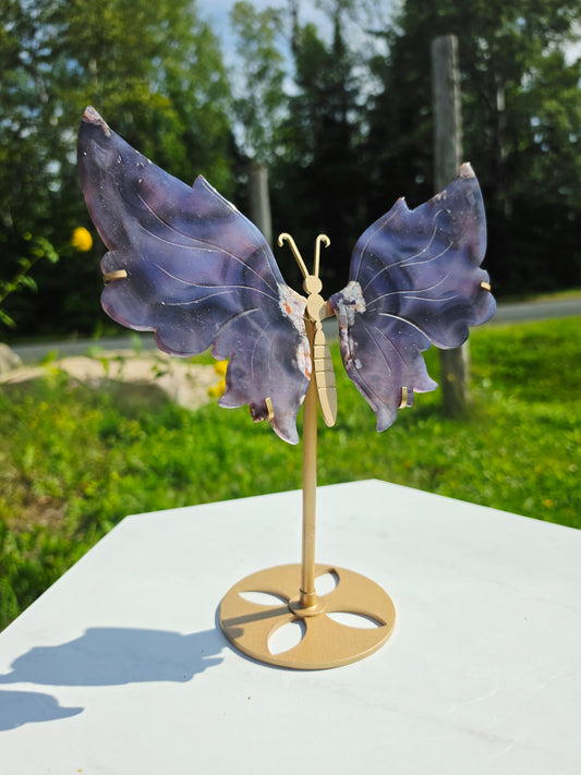 1.14lbs Blue Flower Agate Butterfly Wings on Stand 25.5x20.3cm