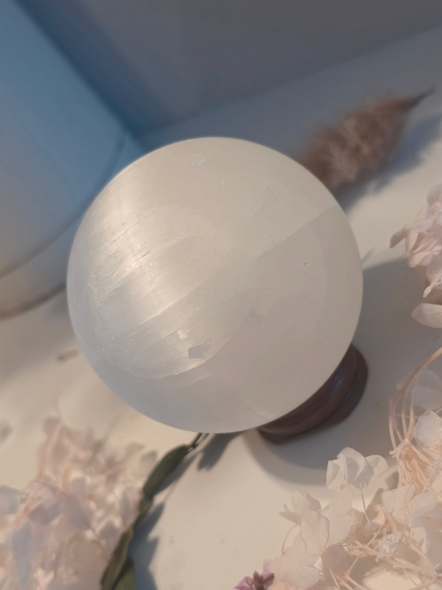Morocco Selenite Crystal Sphere Wood Stand Medium Size