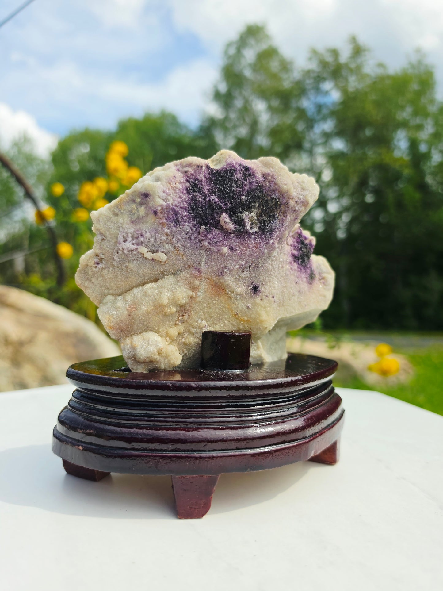 1.03kg Purple Fluorite Crystals on Drusy Quartz Matrix with Stand