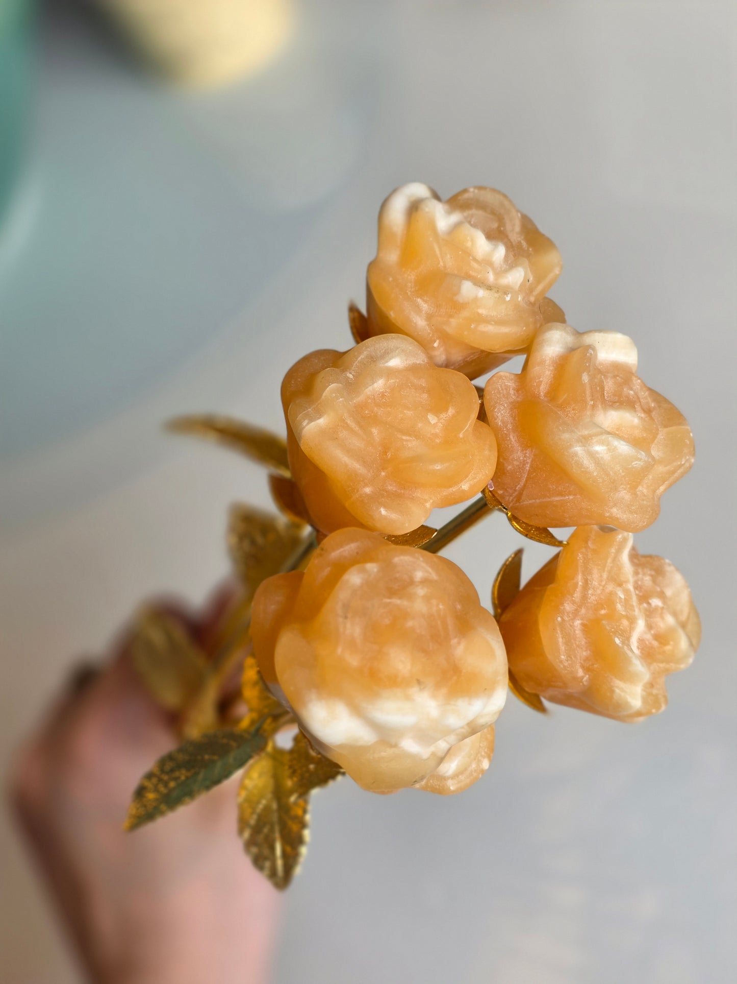 Orange Calcite Flower Carving 23cm - Hand Carved Flower - Metal Gold stems