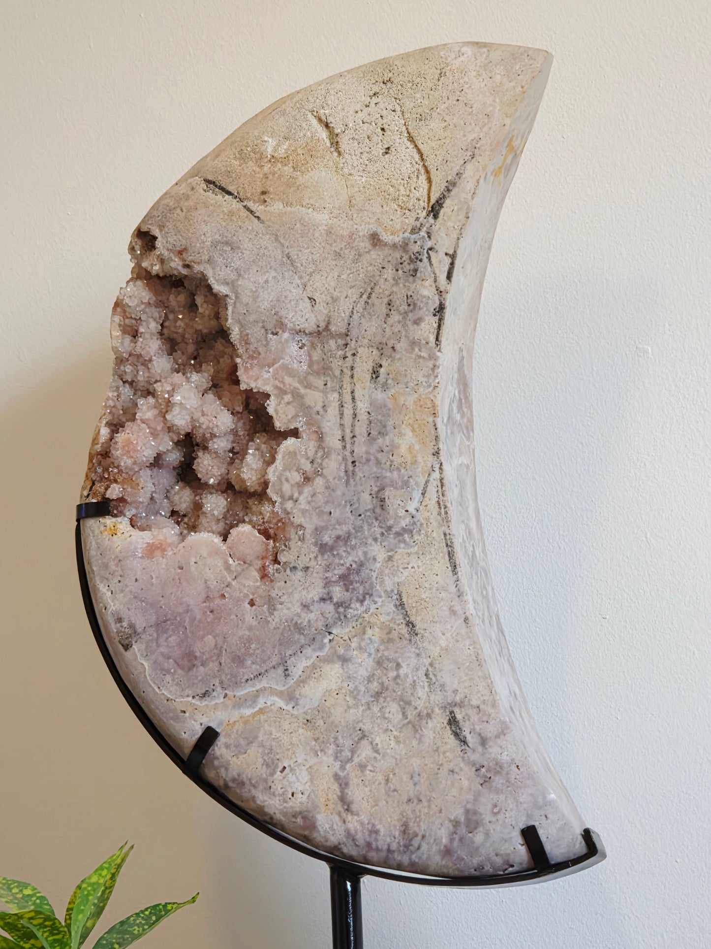 19.84 lbs Pink Amethyst Moon Carving on Custom Stand - Statement Piece