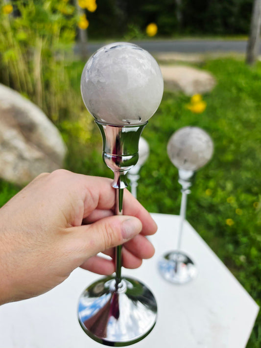 1.46 lbs Clear Quartz with Black Tourmaline Rutile 3 Spheres on Silver Stand