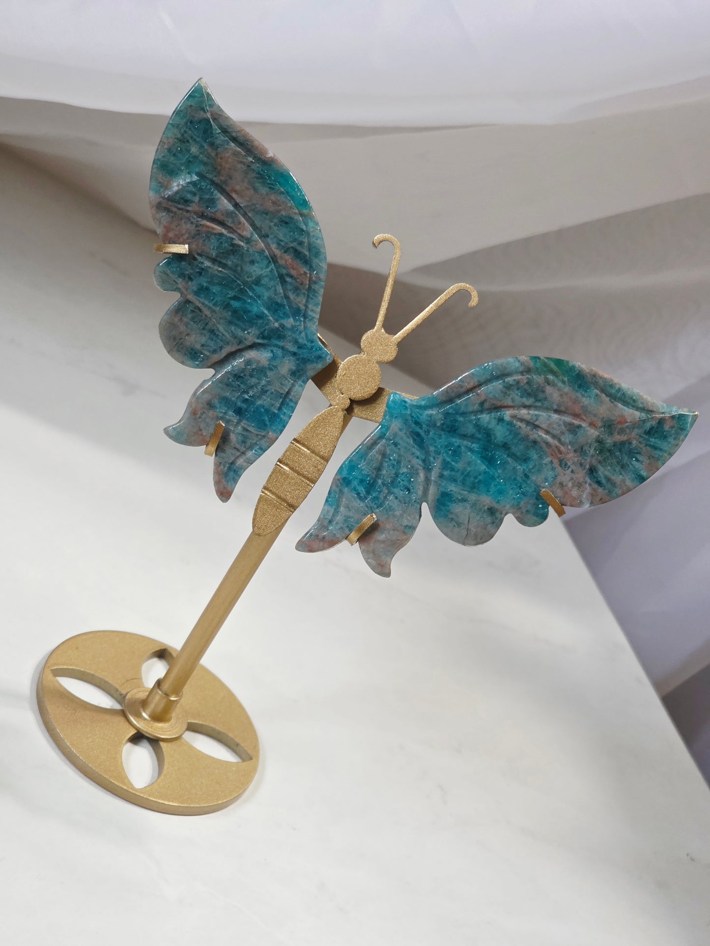 Blue Apatite Butterfly Wings on Gold Stand