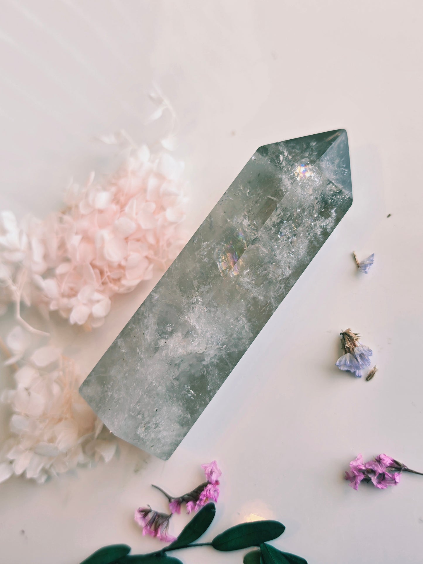 Smokey Clear Quartz Point Rainbow Flash Medium Size Flat Base