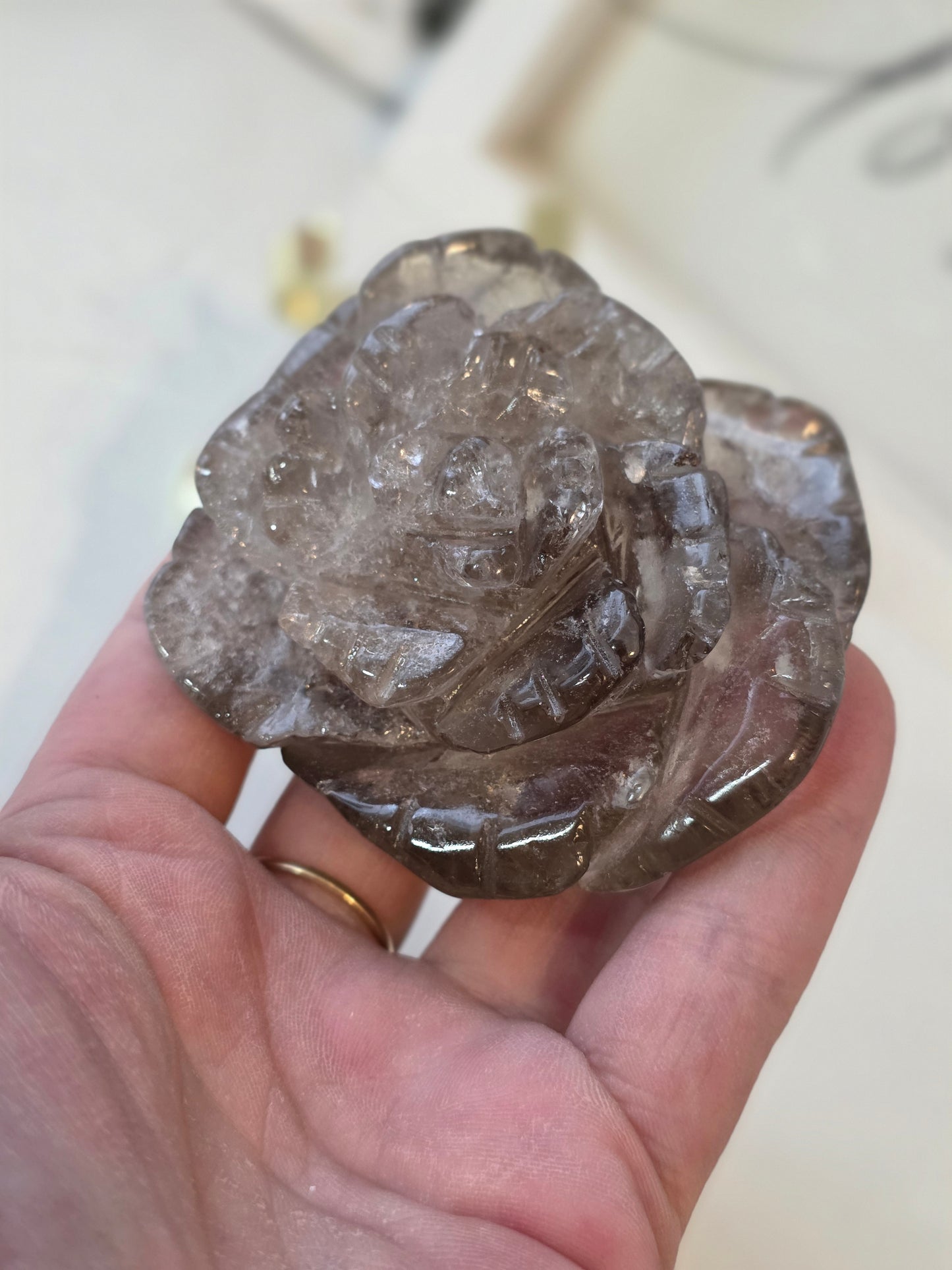 Smokey Quartz Rose Crystal Carving on Stand