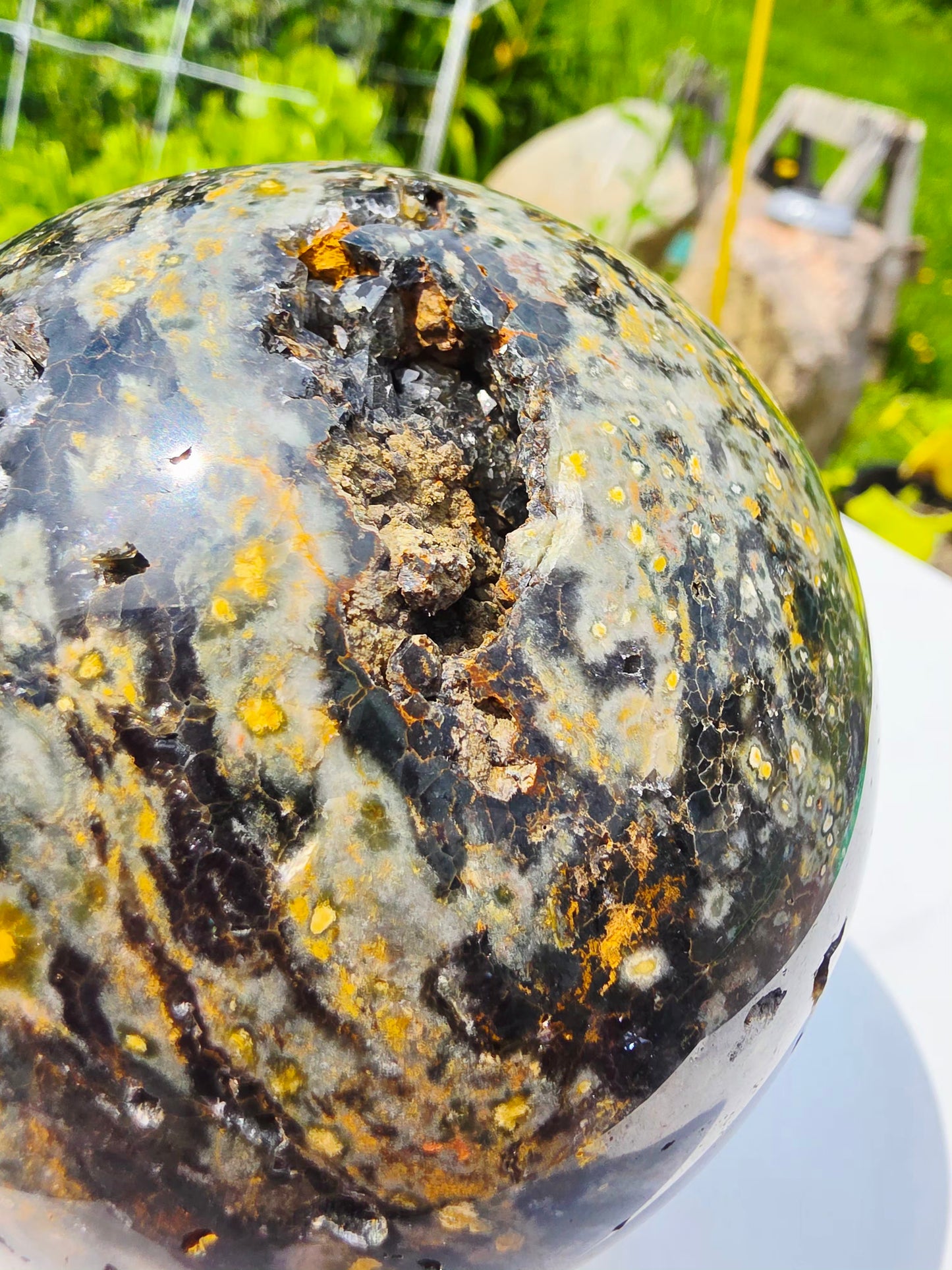 1.77kg Moss Agate Sphere with Butterfly Gold Stand Madagascar Druzy Crystal