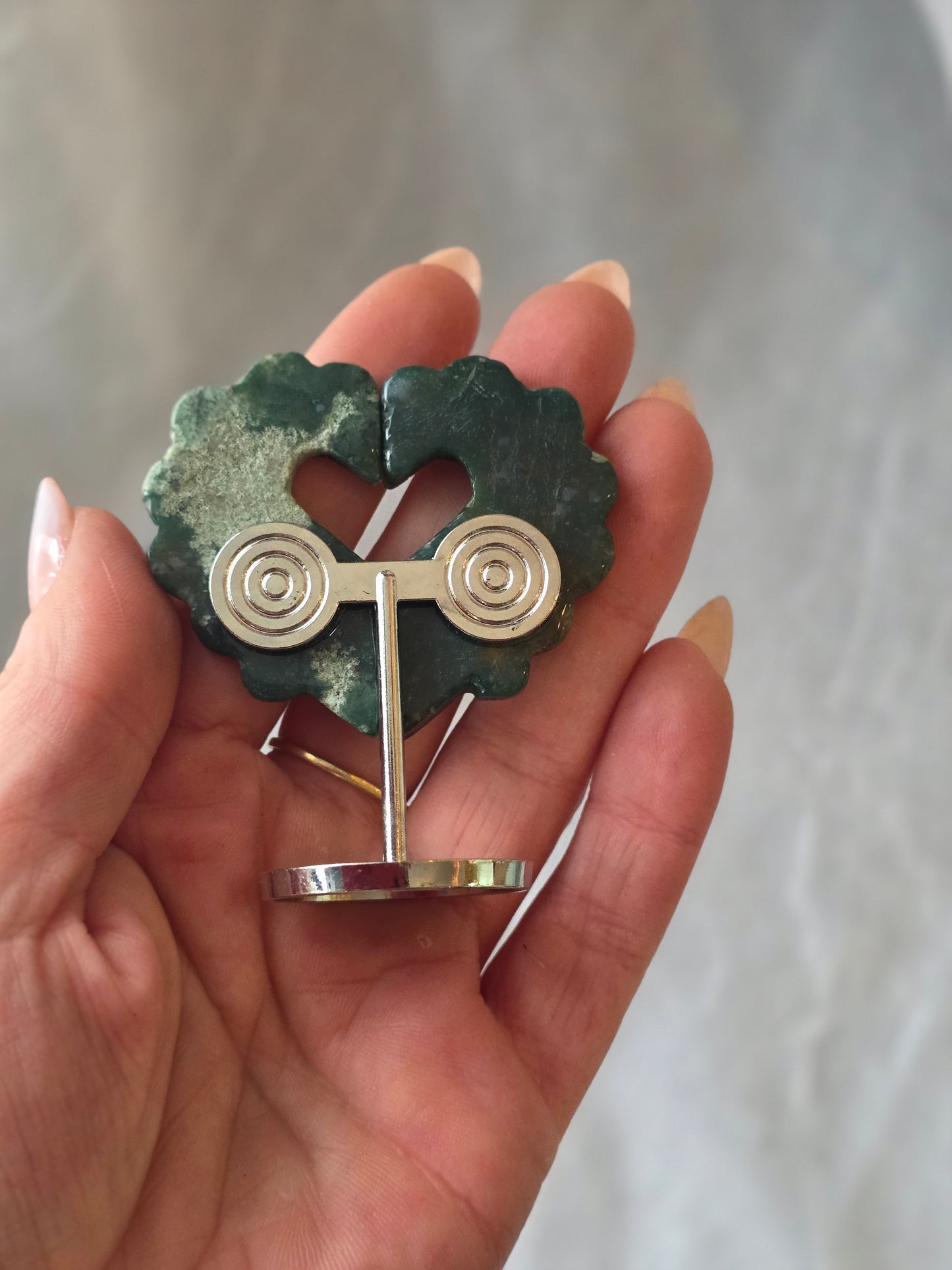 Moss Agate Small Heart Carving on Stand