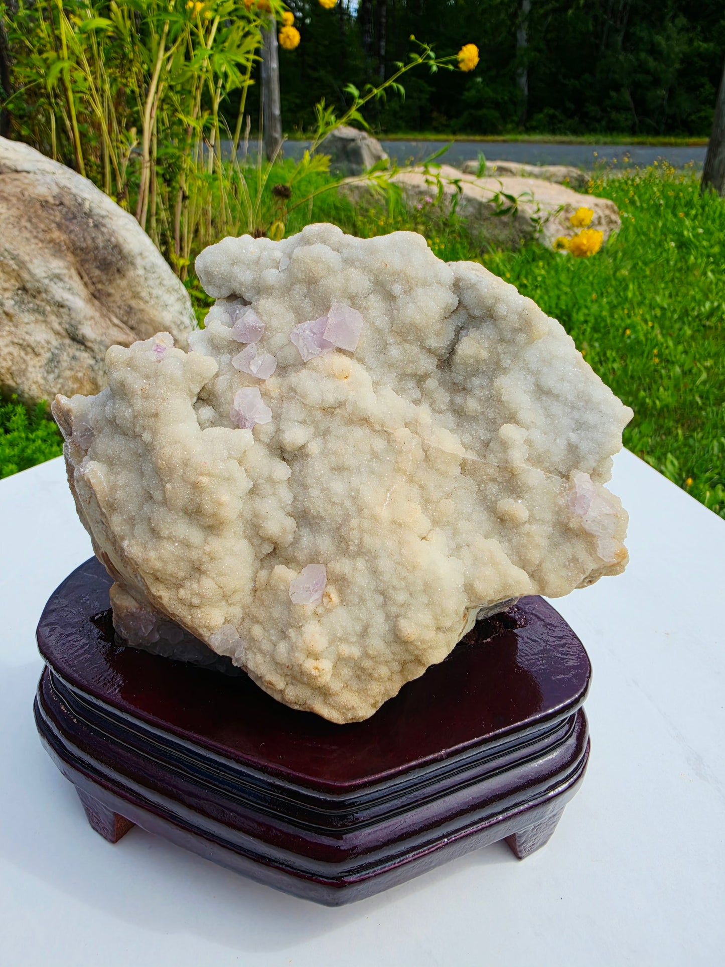 1.03kg Purple Fluorite Crystals on Drusy Quartz Matrix with Stand