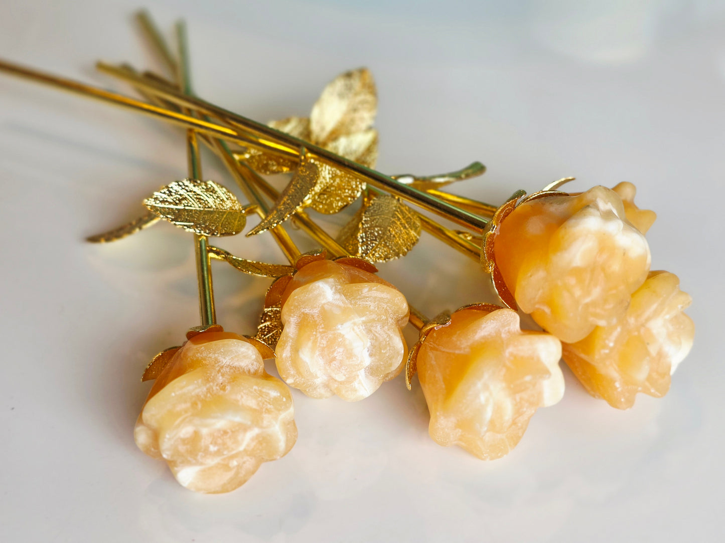 Orange Calcite Flower Carving 23cm - Hand Carved Flower - Metal Gold stems