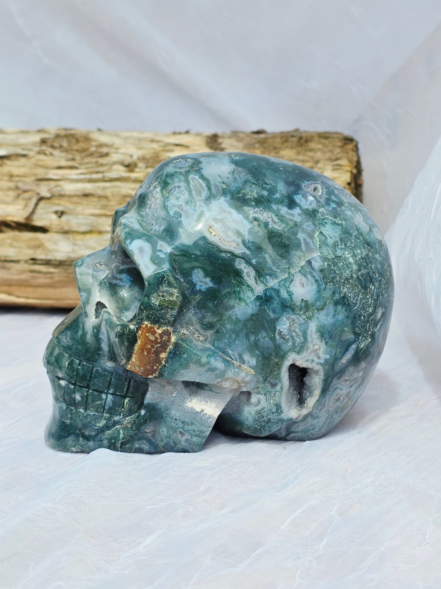 Hand-Carved Natural Green Moss Agate Crystal Skull 5.40 lbs