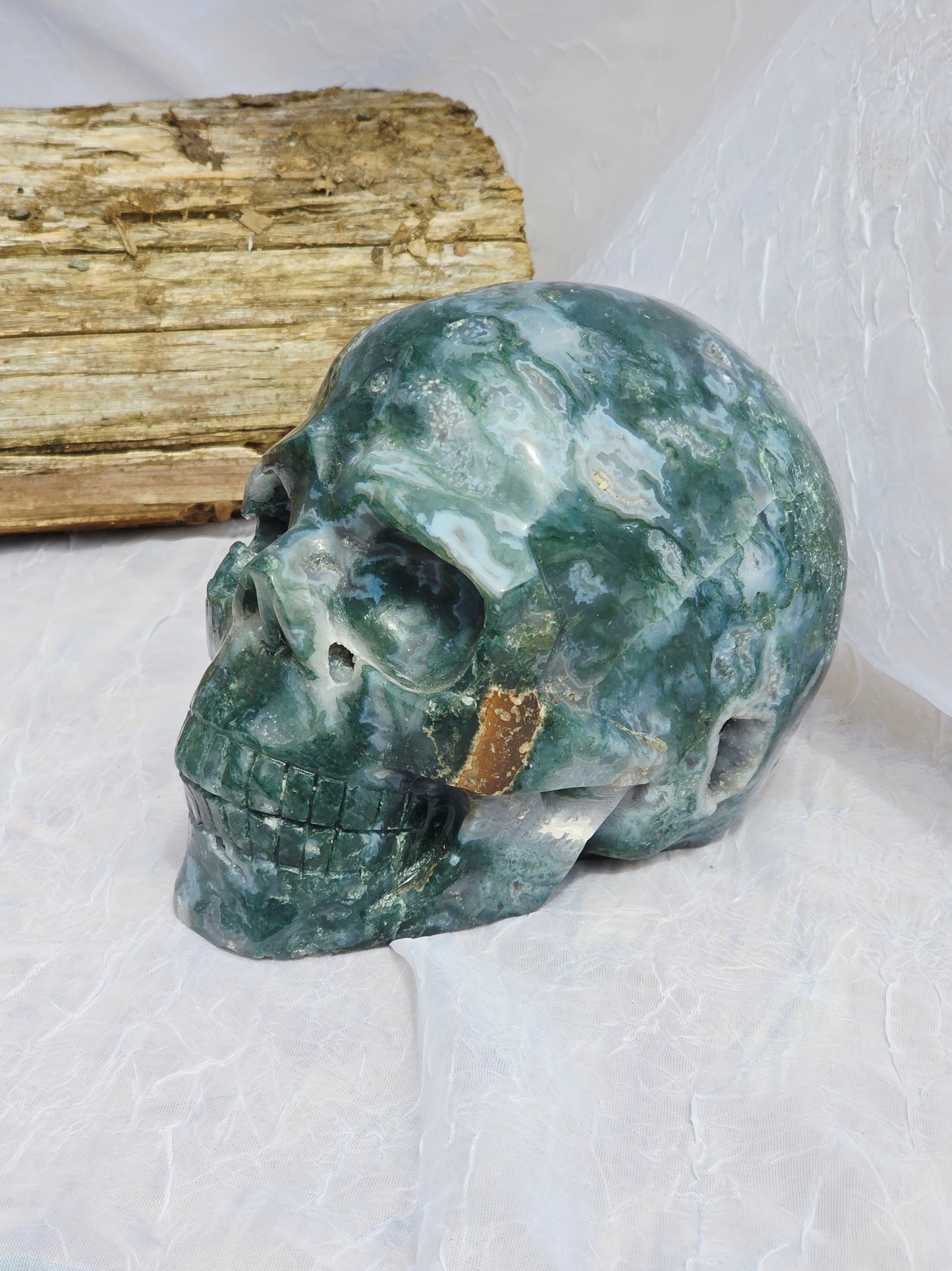 Hand-Carved Natural Green Moss Agate Crystal Skull 5.40 lbs