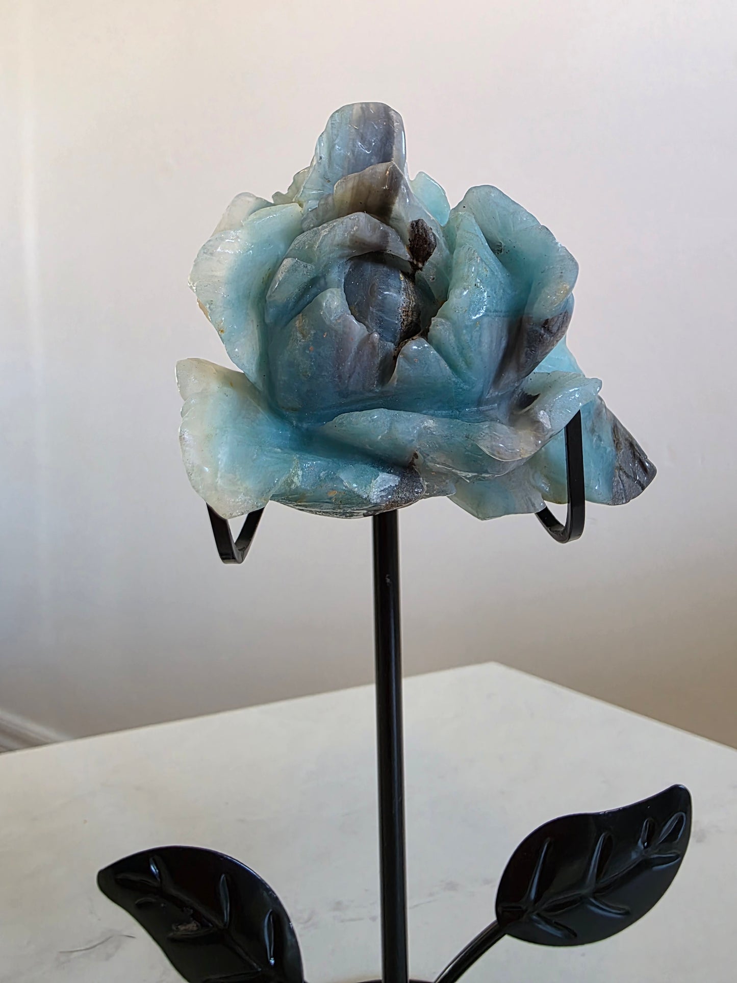 Caribbean Calcite Rose Carving on stand