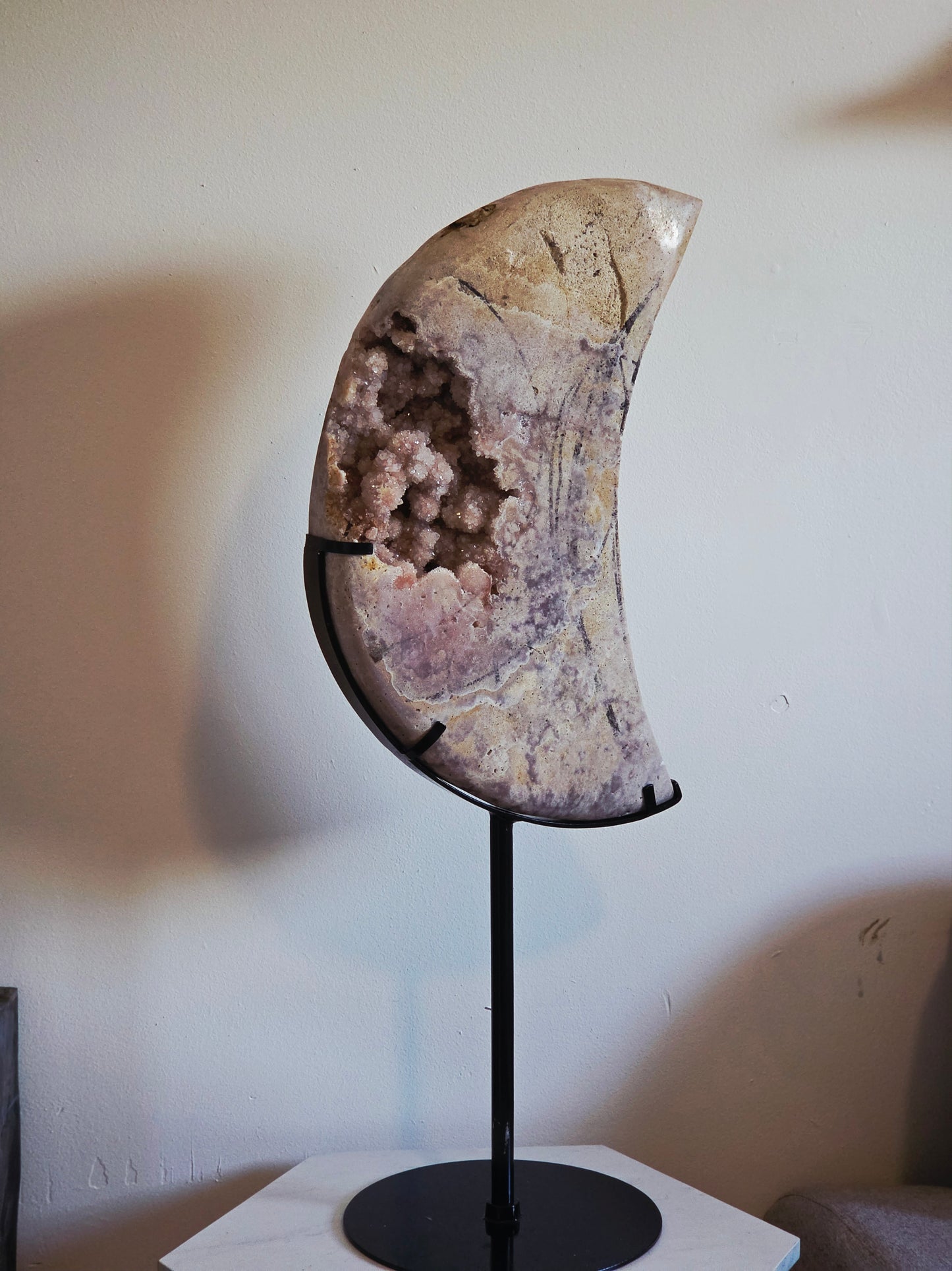 19.84 lbs Pink Amethyst Moon Carving on Custom Stand - Statement Piece