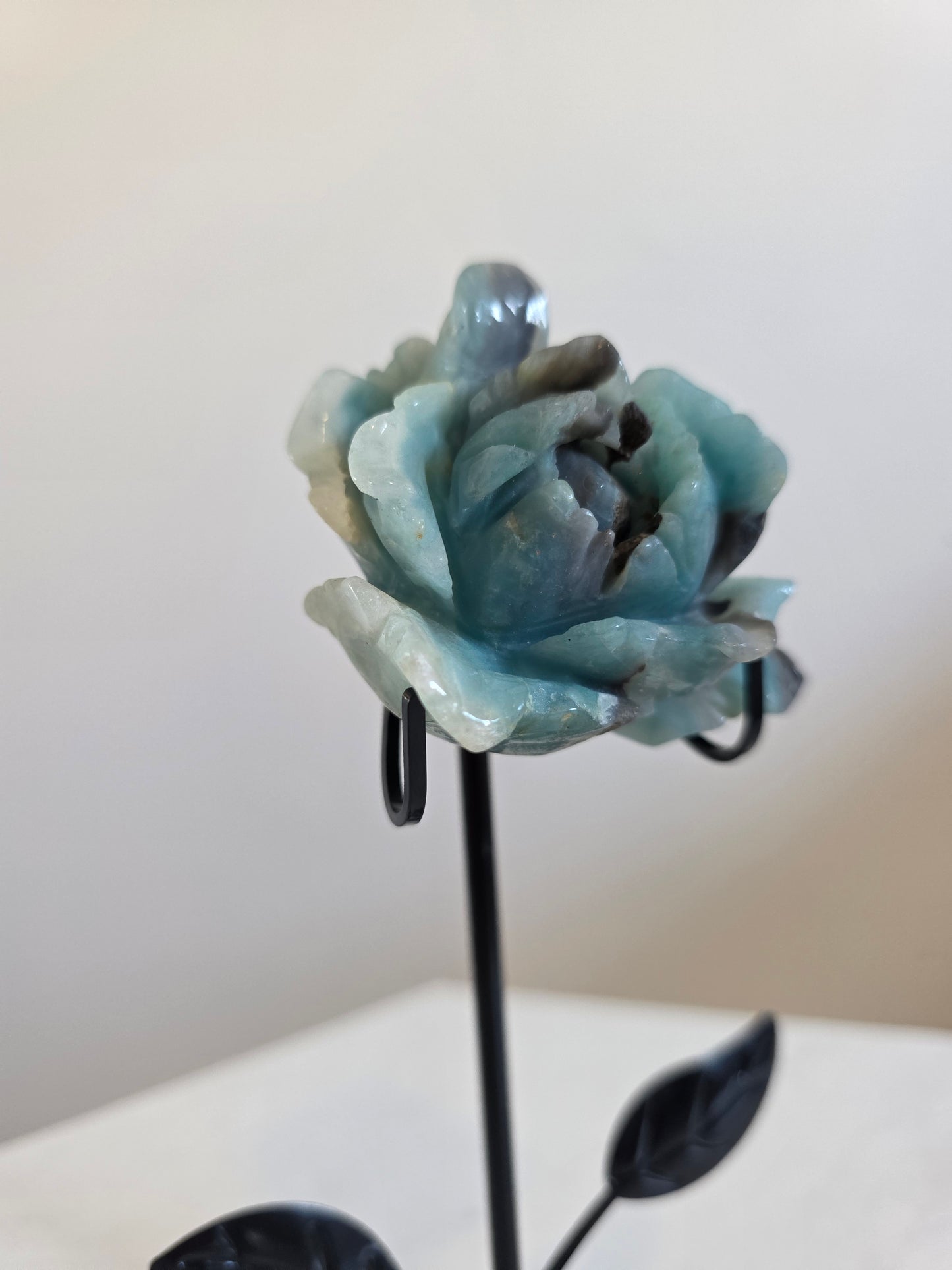 Caribbean Calcite Rose Carving on stand