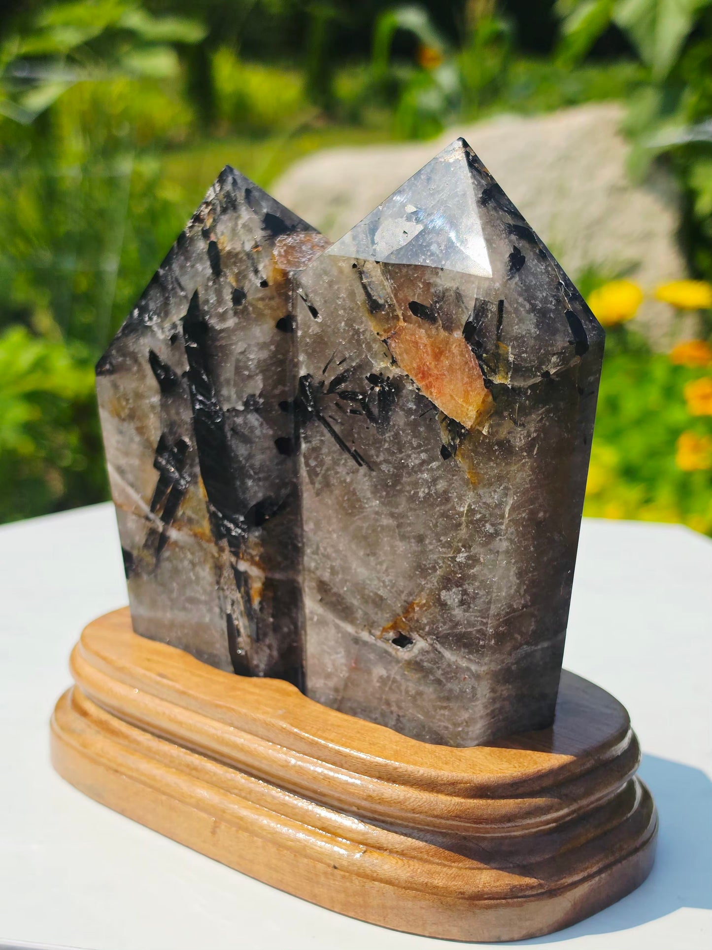 Smokey Double Points Crystal Quartz 4.41lb With Black Rutile Tourmaline On Stand