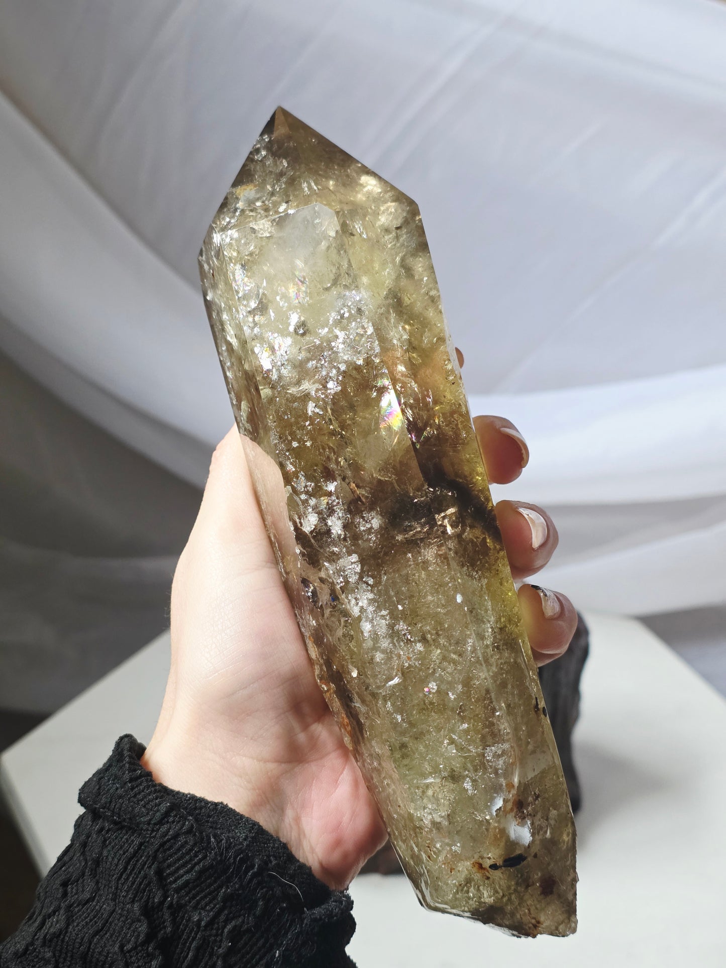 Raw Uncut Base Large Smokey Citrine Crystal Point Wood base included