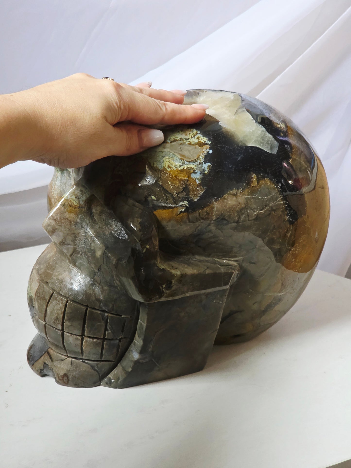 28 Pounds Skull Volcano Agate with Calcite UV Geode Hand Carved Mayan Statement Piece