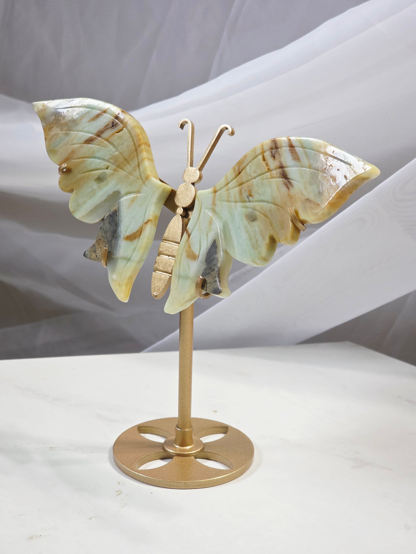 Caribbean Calcite Crystal Butterfly Wings on Gold metal stand