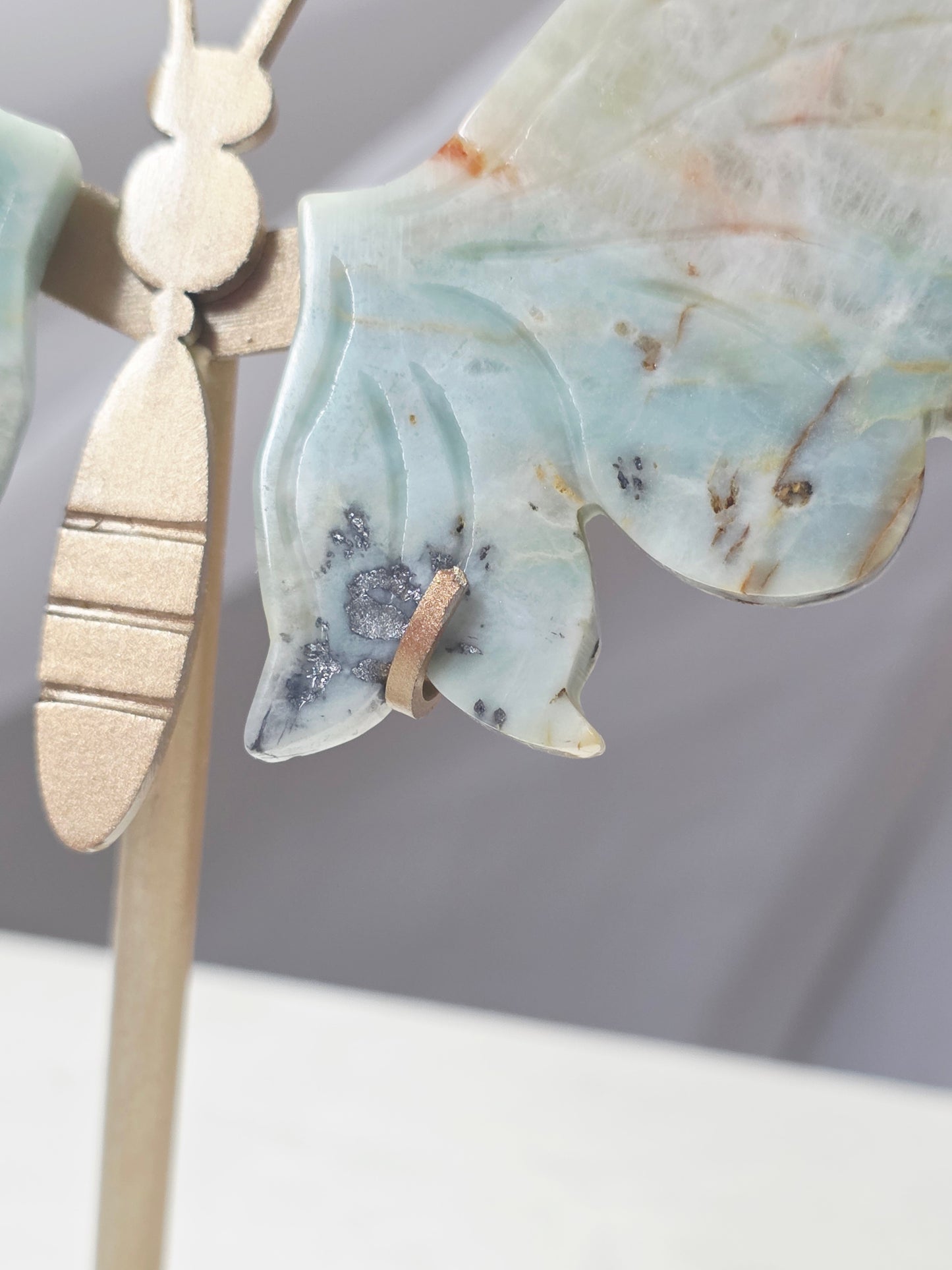 Amazonite Butterfly Crystal Wings set on Gold Stand