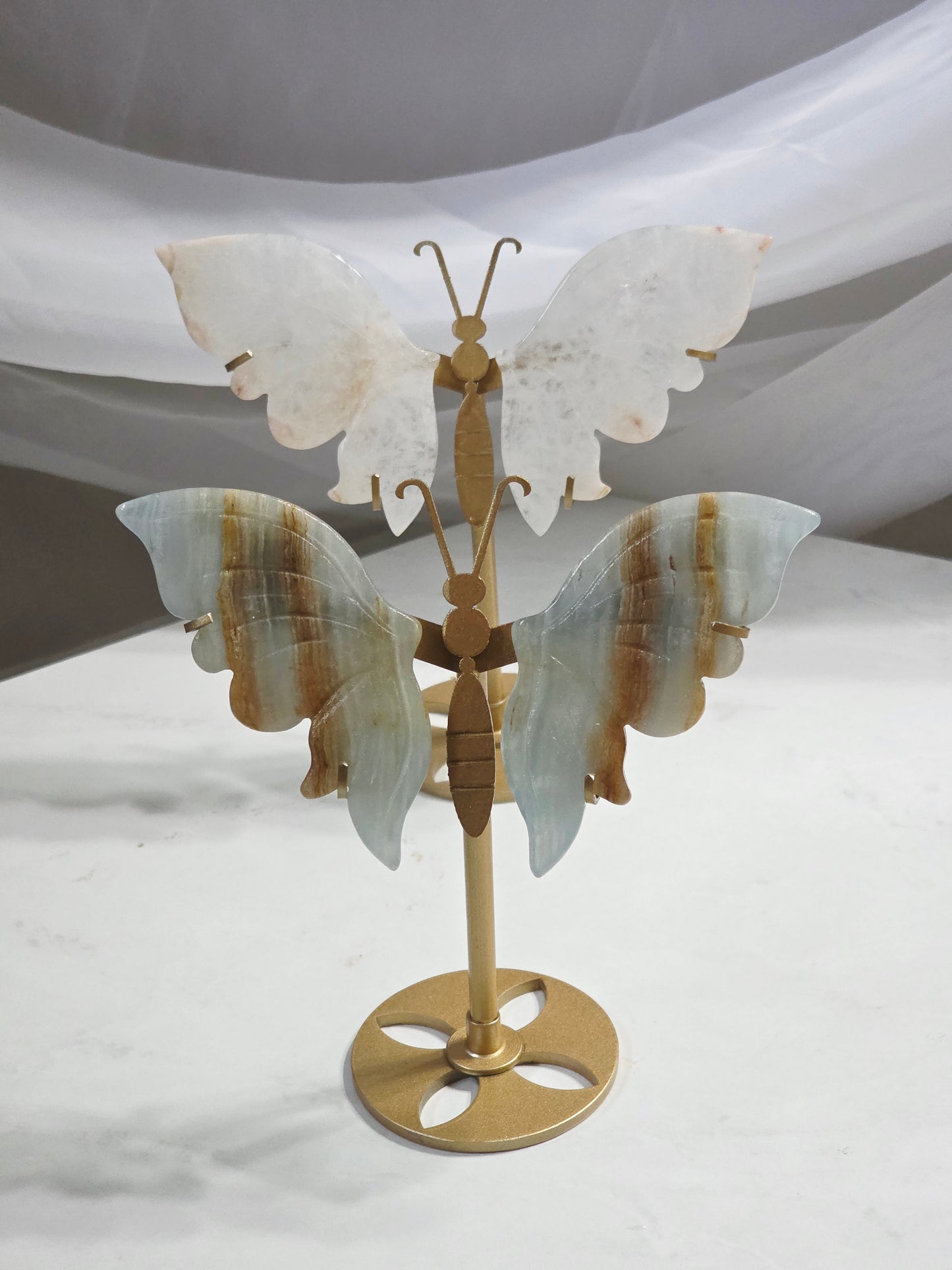 Bundle 2 Butterfly Crystal Wings Onyx and Flower Agate on 2 Gold Metal Stand