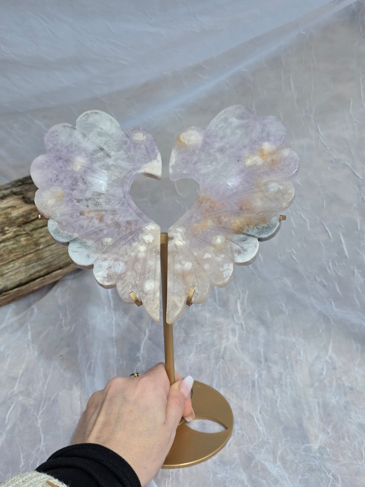 Cherry Agate Heart Crystal Carving on Gold Stand