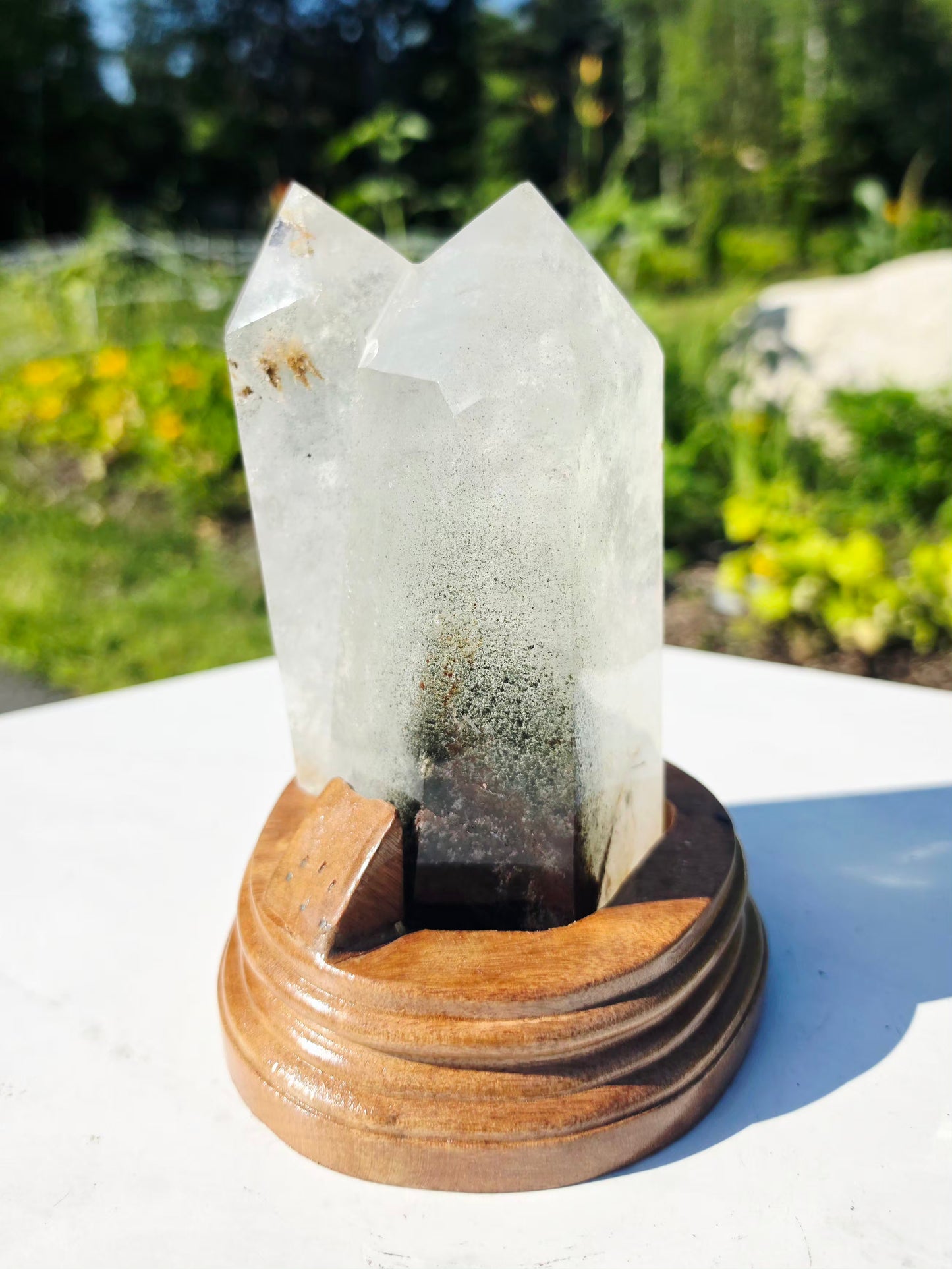 2.2 lbs Garden Quartz Double Top Point Crystal Mineral With Stand  9×17.5 cm