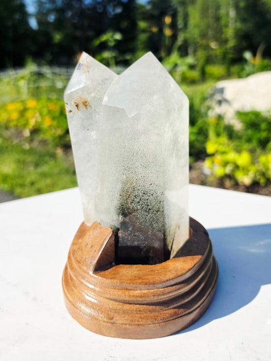 2.2 lbs Garden Quartz Double Top Point Crystal Mineral With Stand  9×17.5 cm