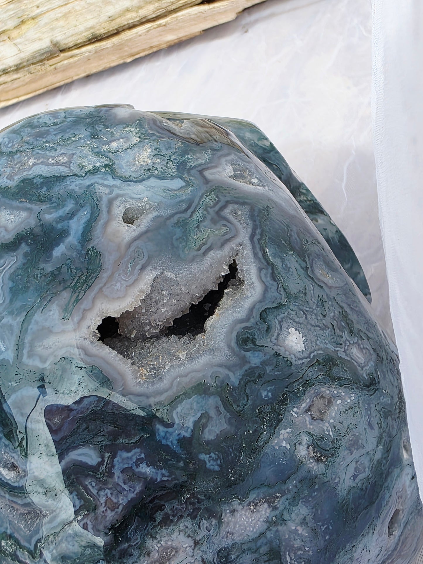 Hand-Carved Natural Green Moss Agate Crystal Skull 5.40 lbs