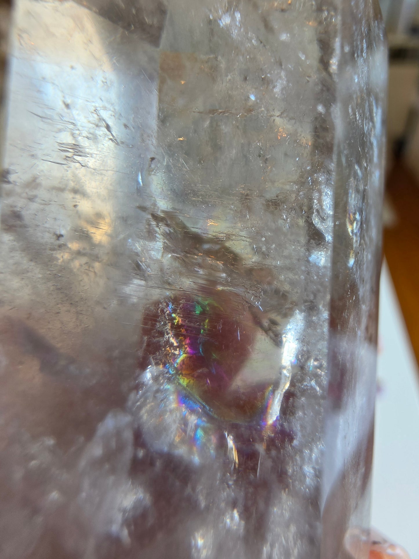Smokey Clear Quartz Point Rainbow Flash Medium Size Flat Base