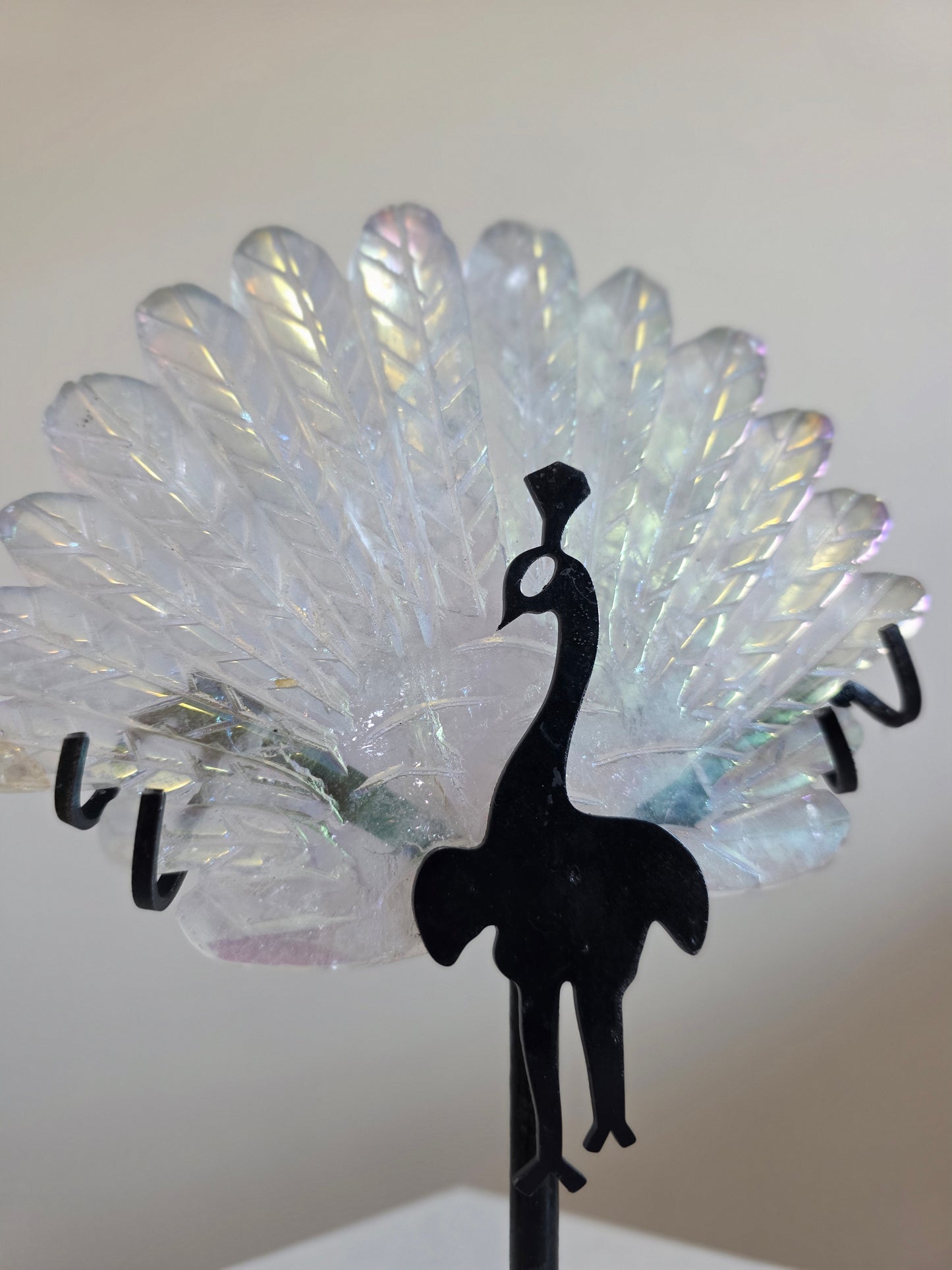 Large Peacock Clear Quartz Carving on stand