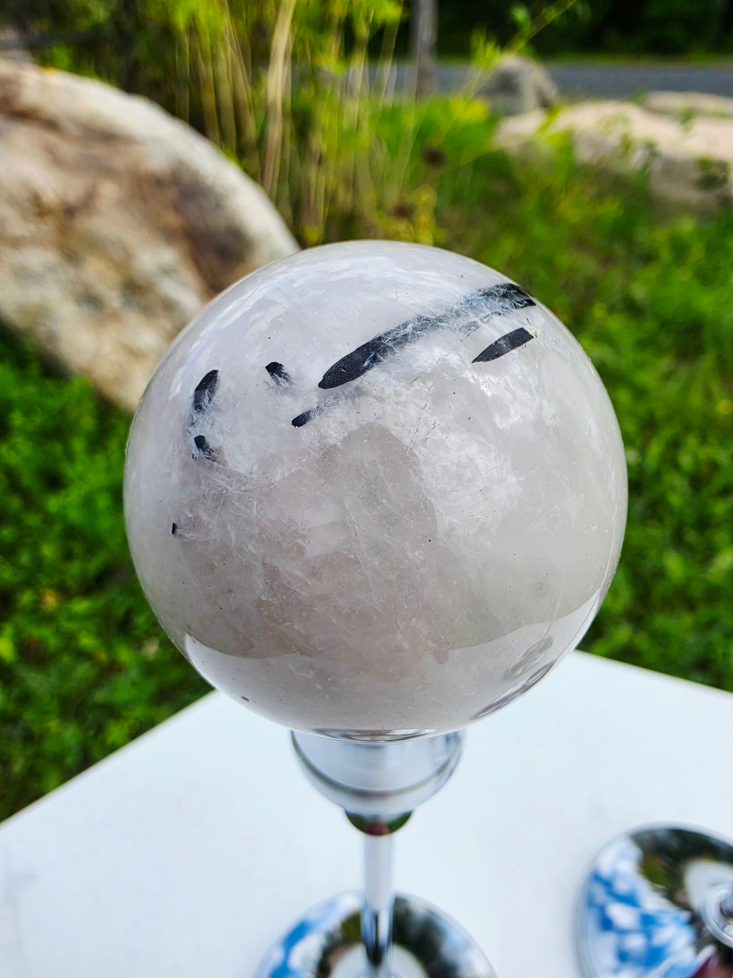 1.46 lbs Clear Quartz with Black Tourmaline Rutile 3 Spheres on Silver Stand