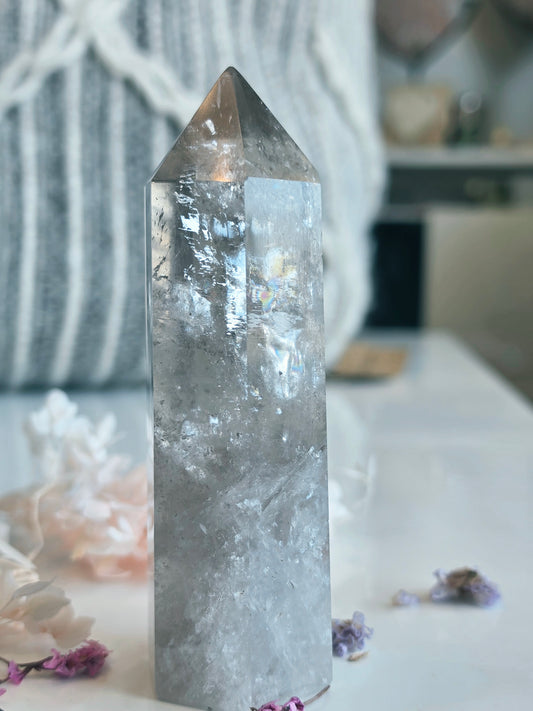 Smokey Clear Quartz Point Rainbow Flash Medium Size Flat Base