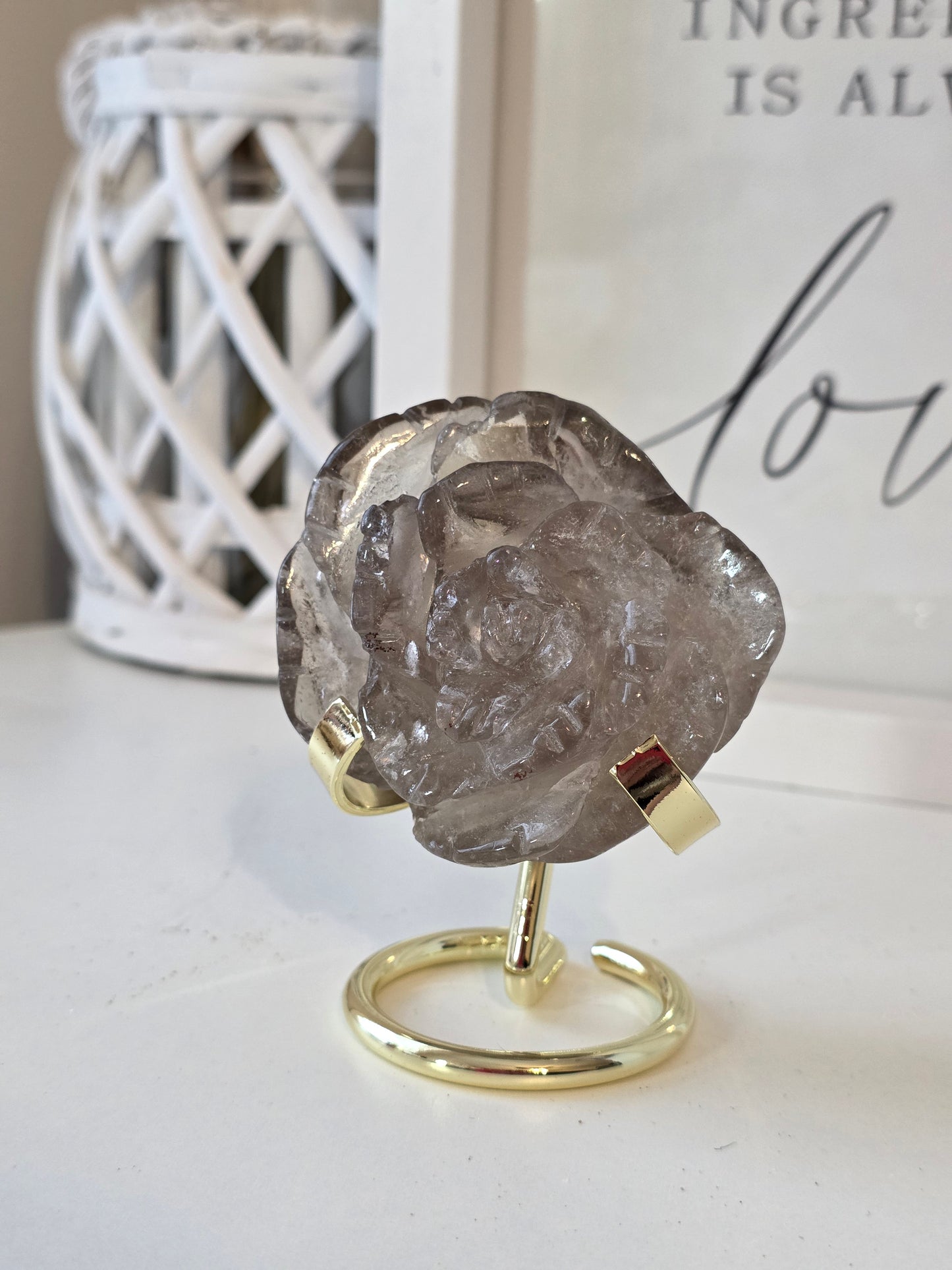 Smokey Quartz Rose Crystal Carving on Stand