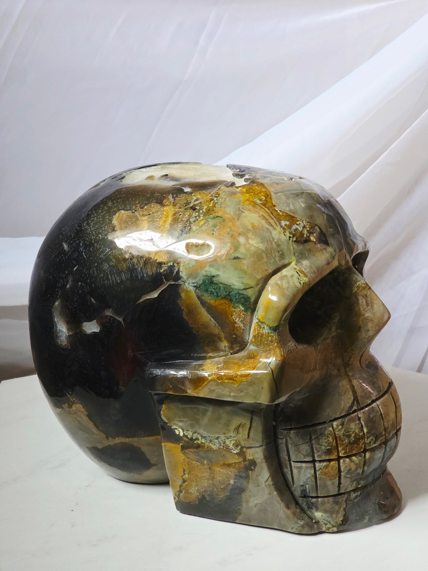 28 Pounds Skull Volcano Agate with Calcite UV Geode Hand Carved Mayan Statement Piece