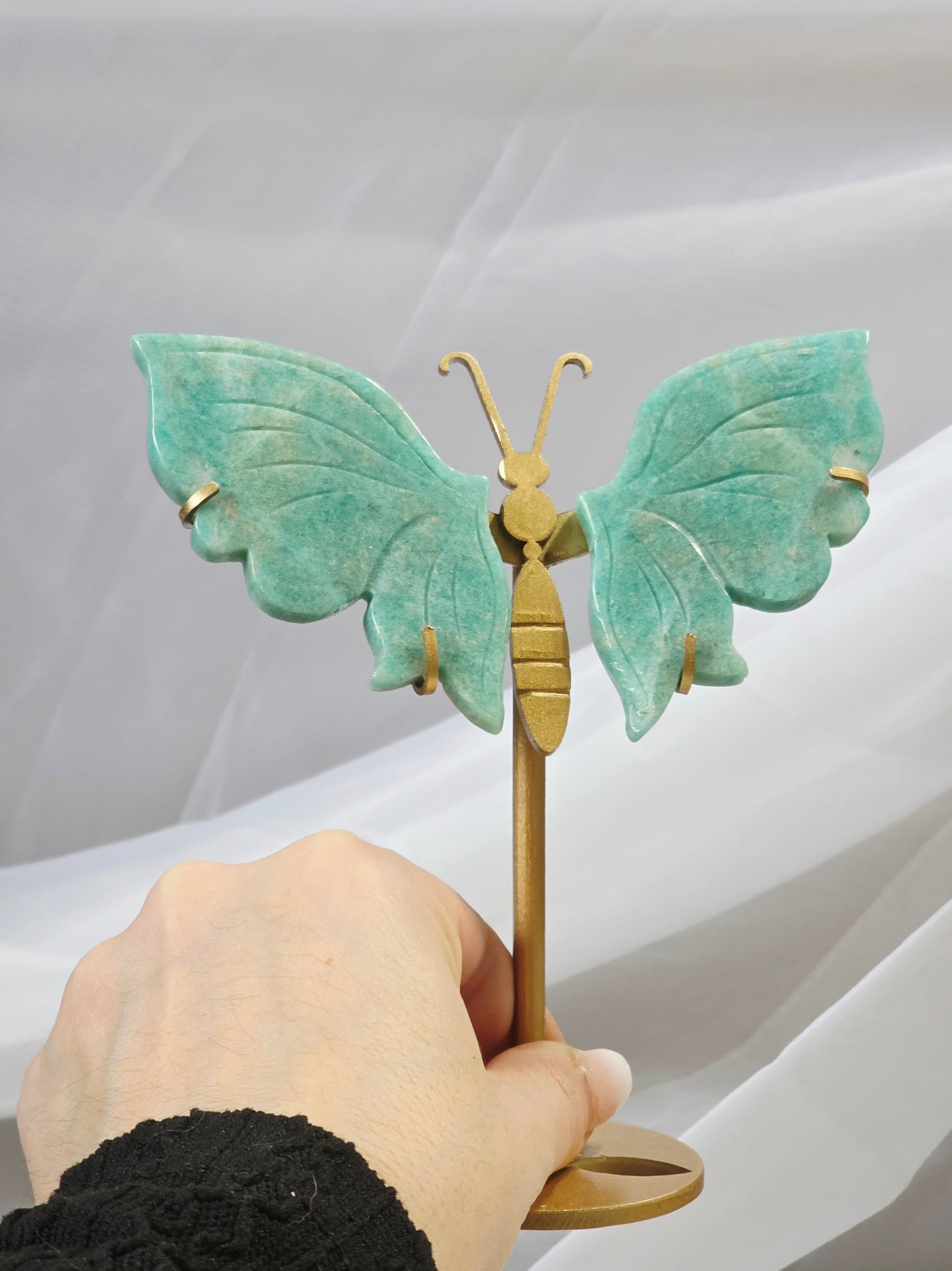 Handcrafted Amazonite Crystal Butterfly Wings on Gold Metal Stand