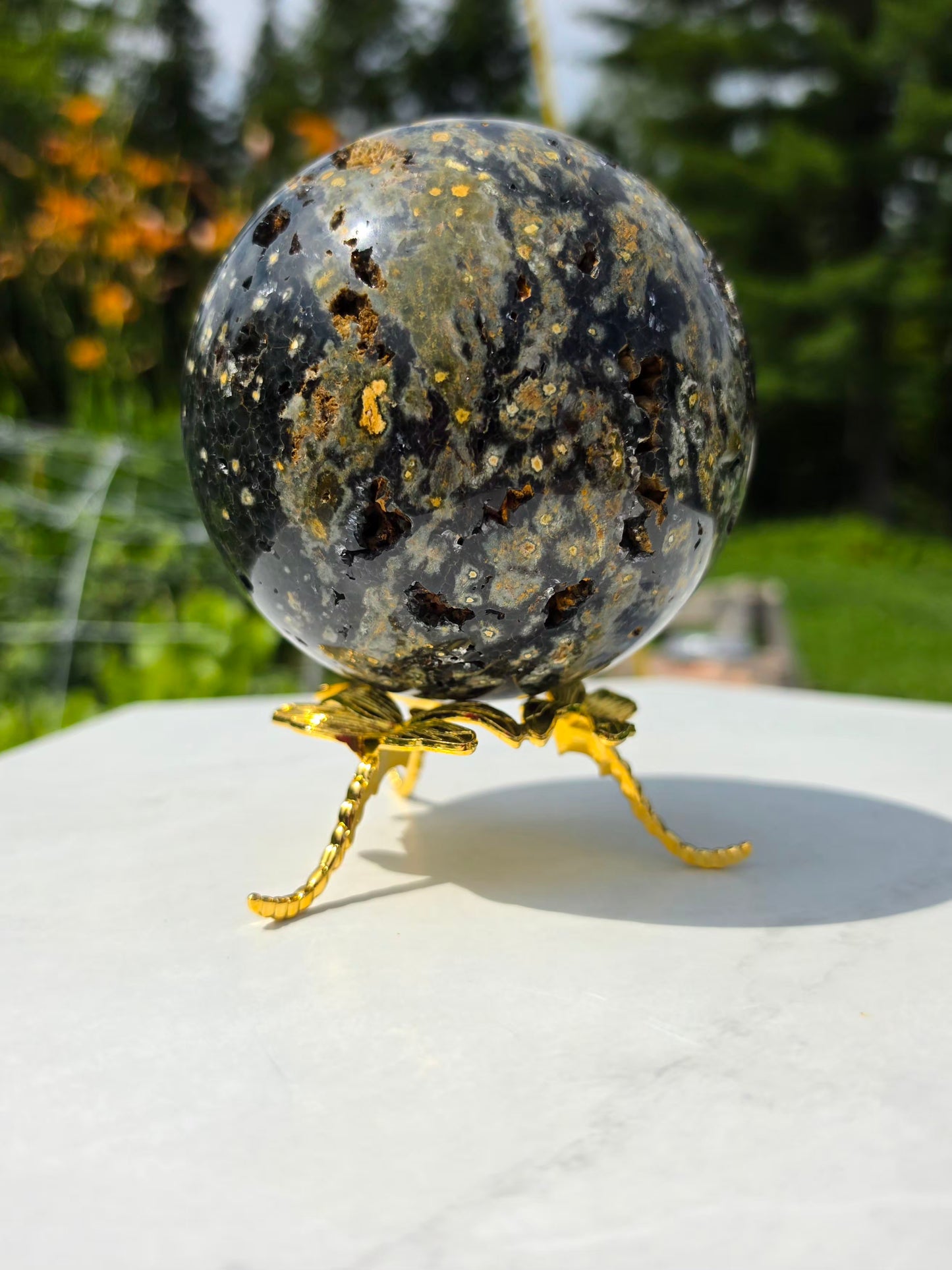 1.77kg Moss Agate Sphere with Butterfly Gold Stand Madagascar Druzy Crystal