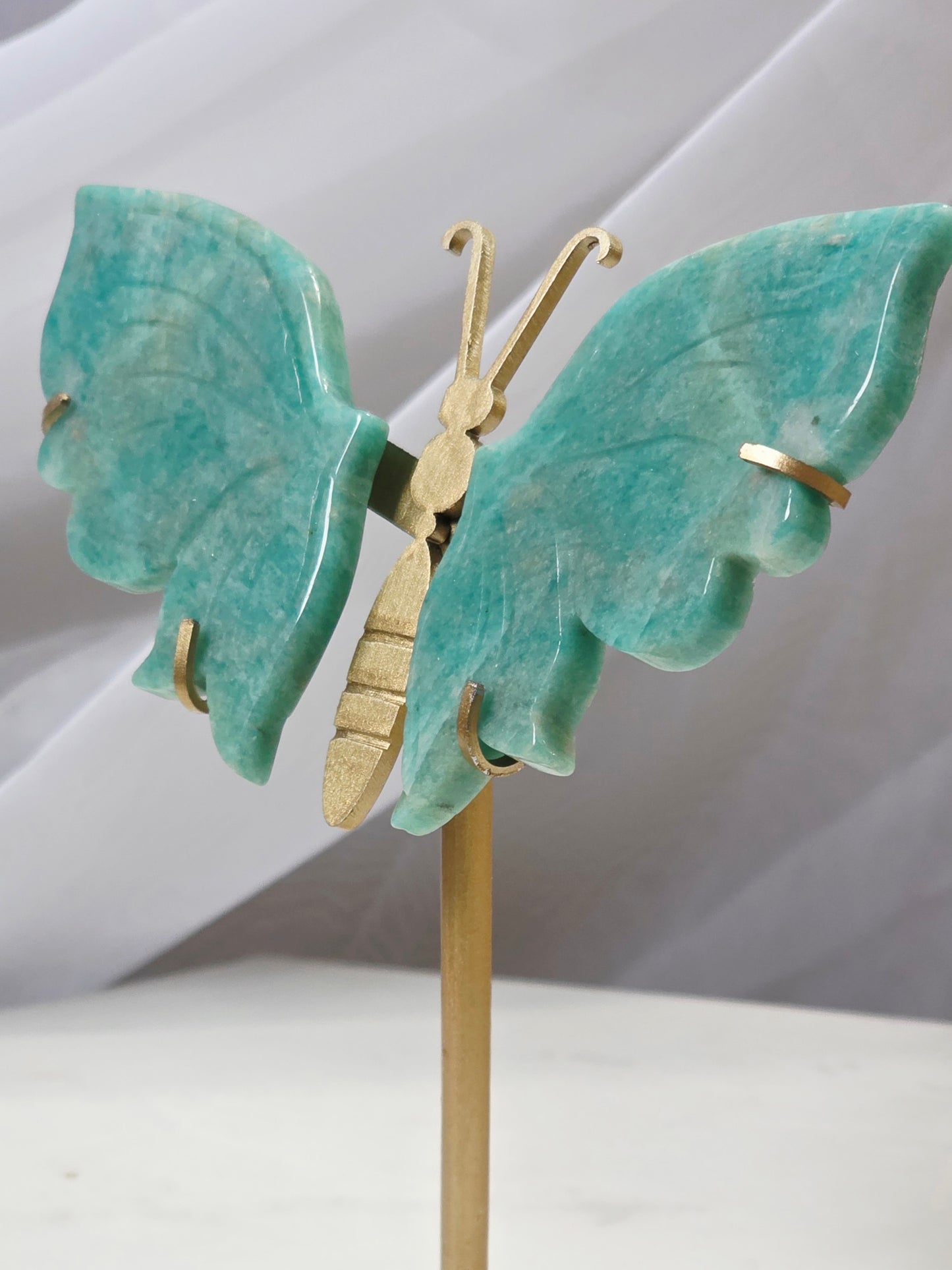 Handcrafted Amazonite Crystal Butterfly Wings on Gold Metal Stand