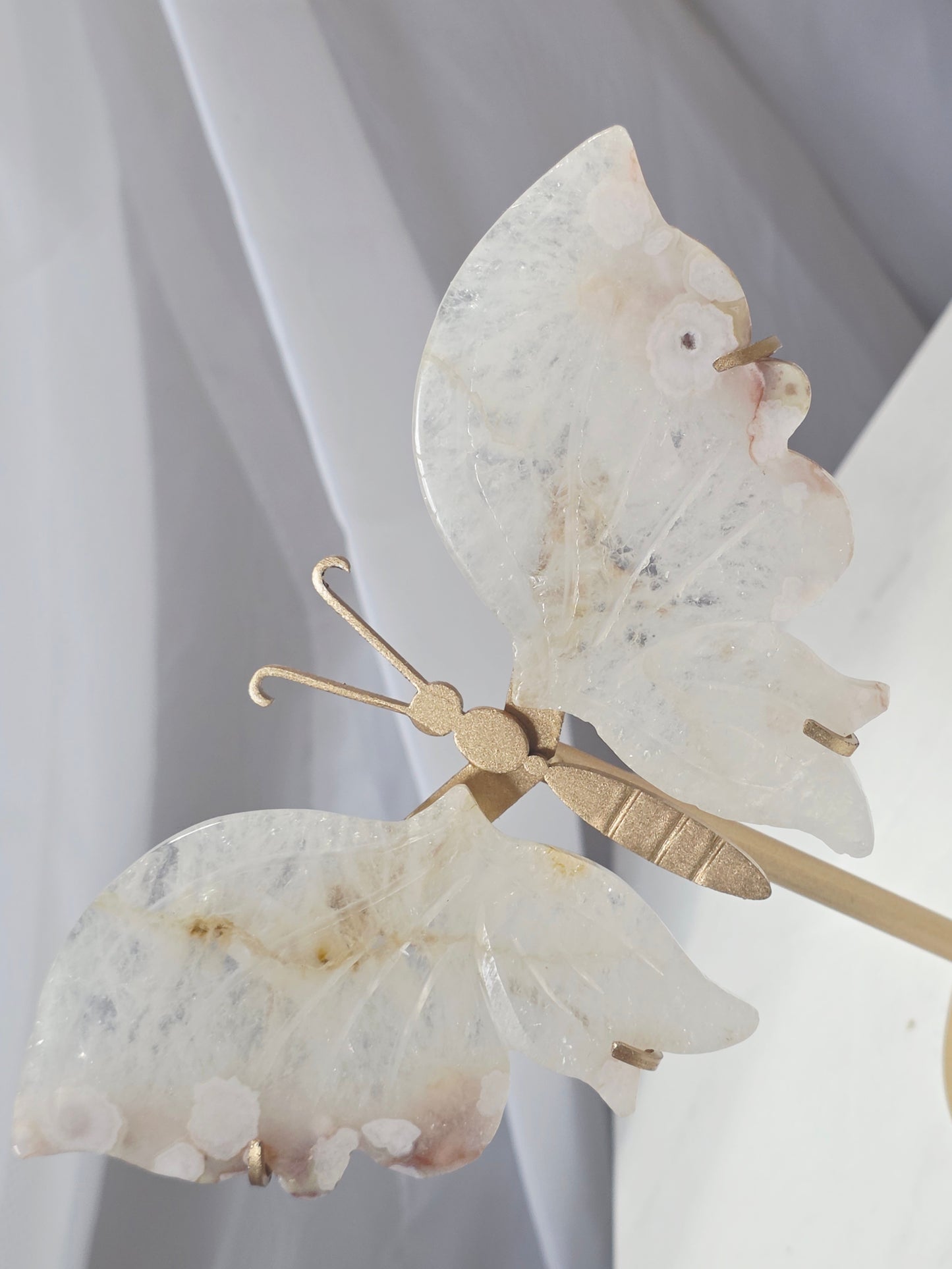 Flower Agate Butterfly Wings on a custom stand