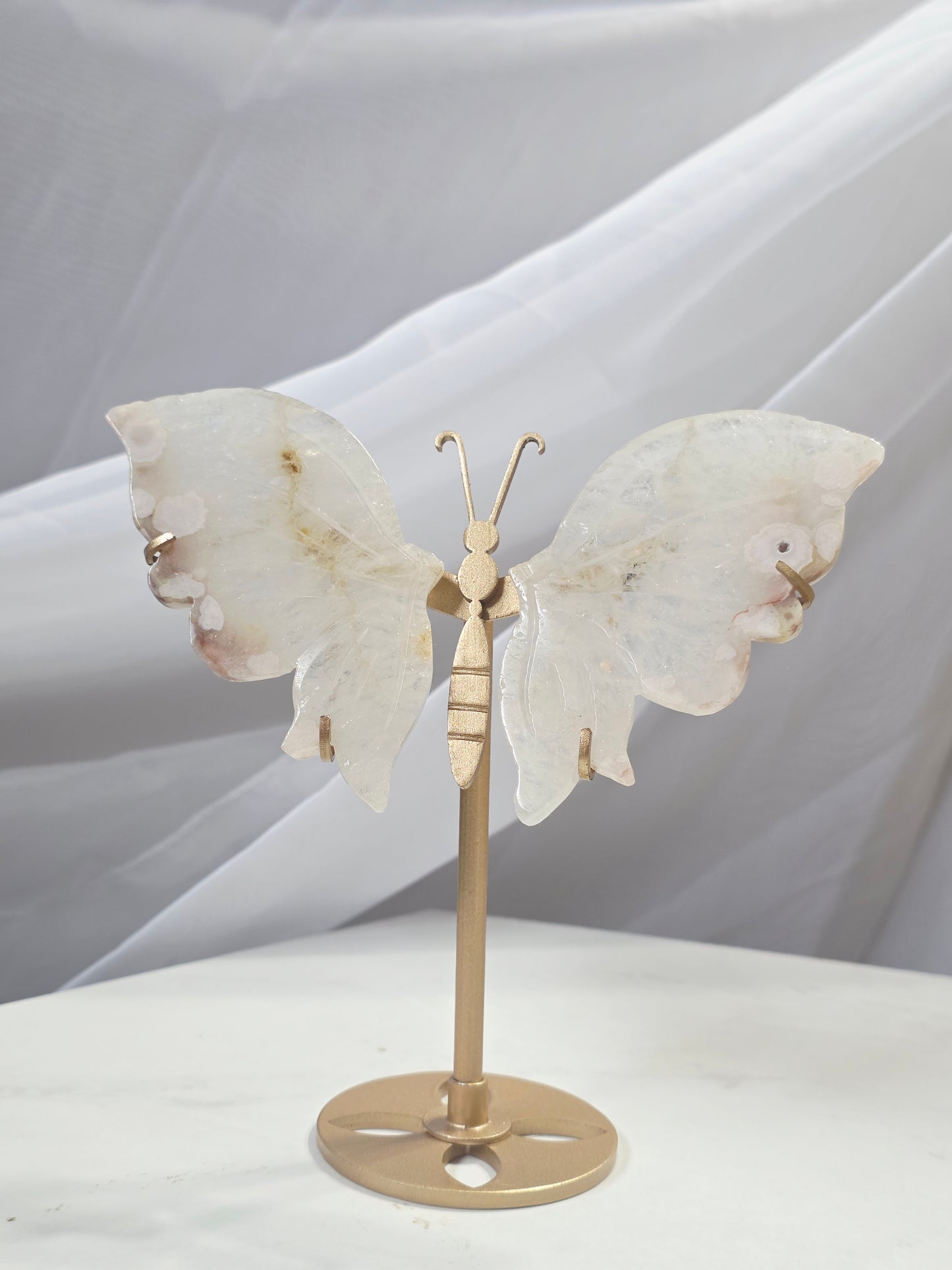 Flower Agate Butterfly Wings on a custom stand