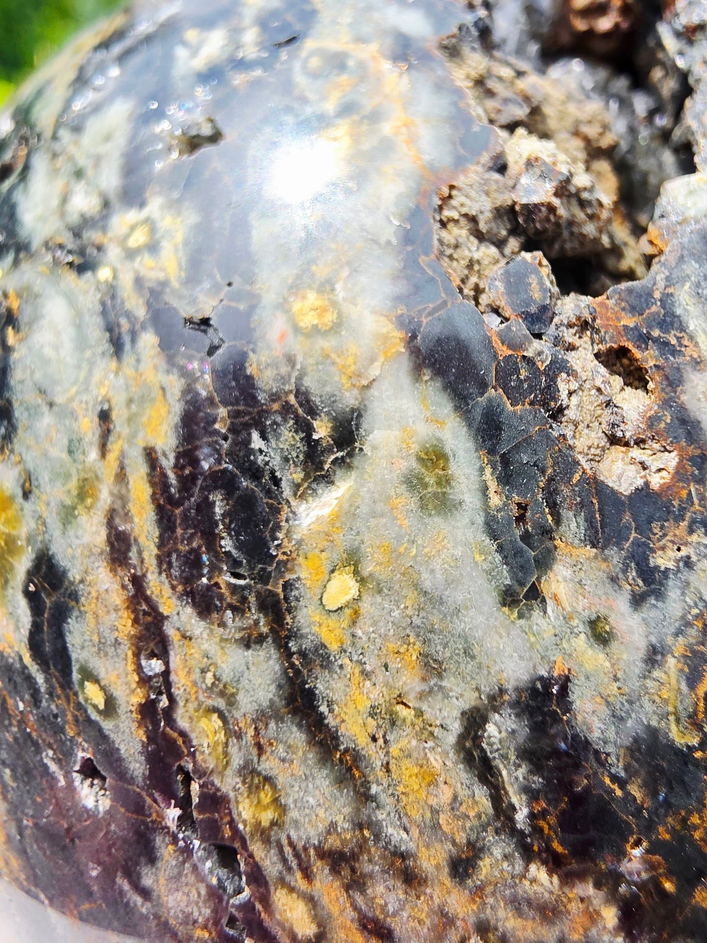 1.77kg Moss Agate Sphere with Butterfly Gold Stand Madagascar Druzy Crystal