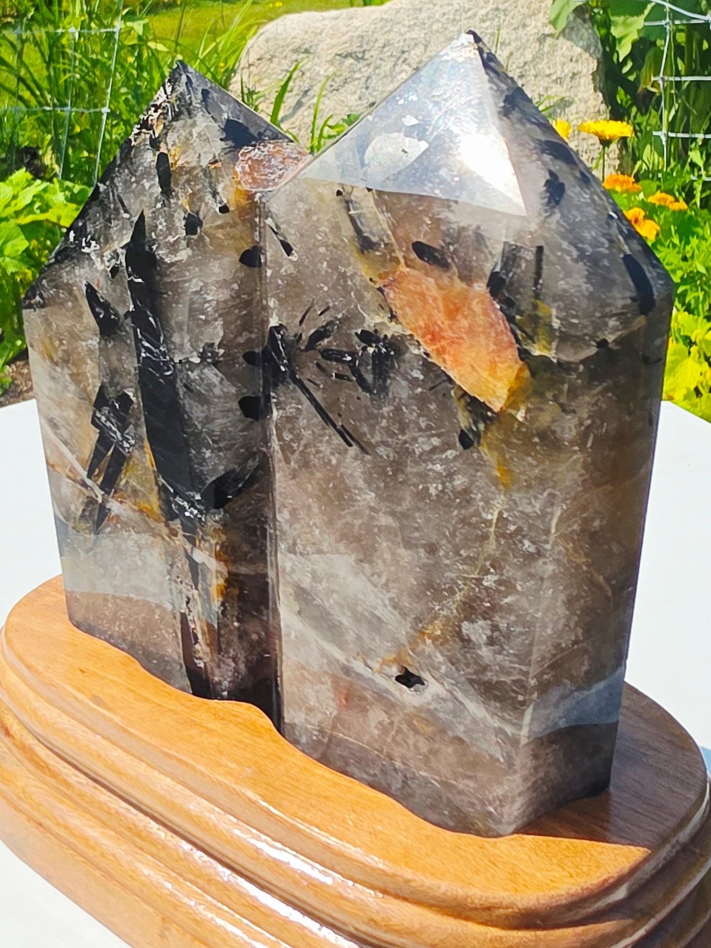 Smokey Double Points Crystal Quartz 4.41lb With Black Rutile Tourmaline On Stand
